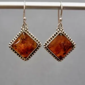 Large Boho Square Baltic Amber Dangle Sterling Silver Earrings, AMBE4