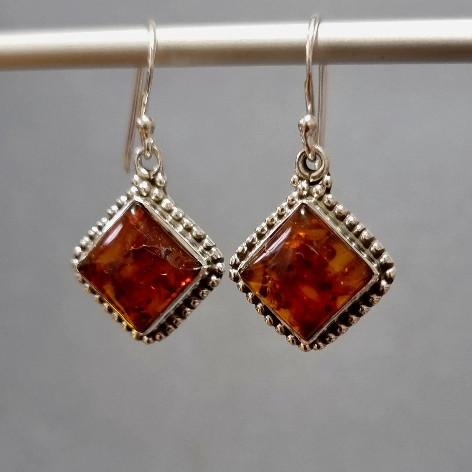 Large Boho Square Baltic Amber Dangle Sterling Silver Earrings, AMBE4