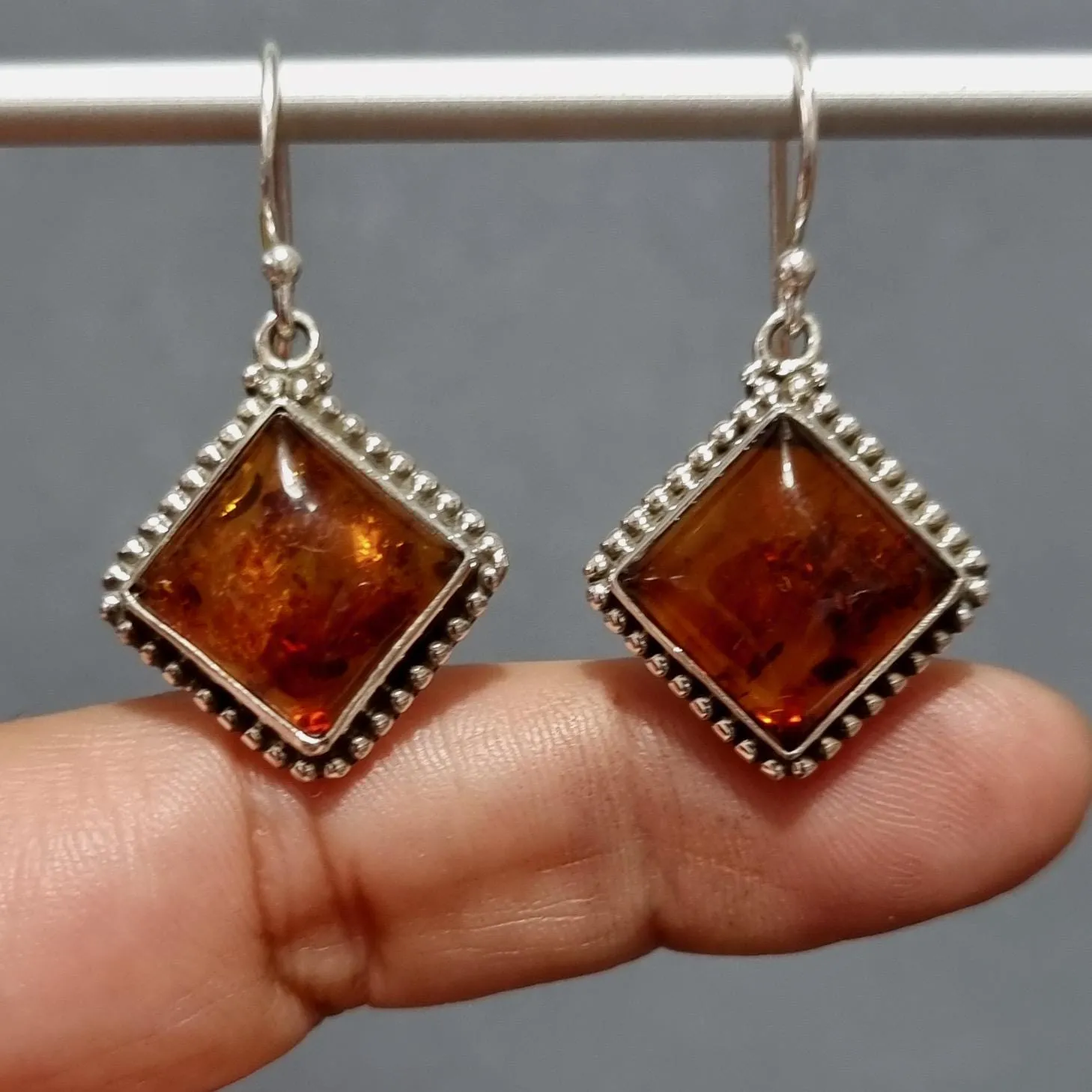 Large Boho Square Baltic Amber Dangle Sterling Silver Earrings, AMBE4