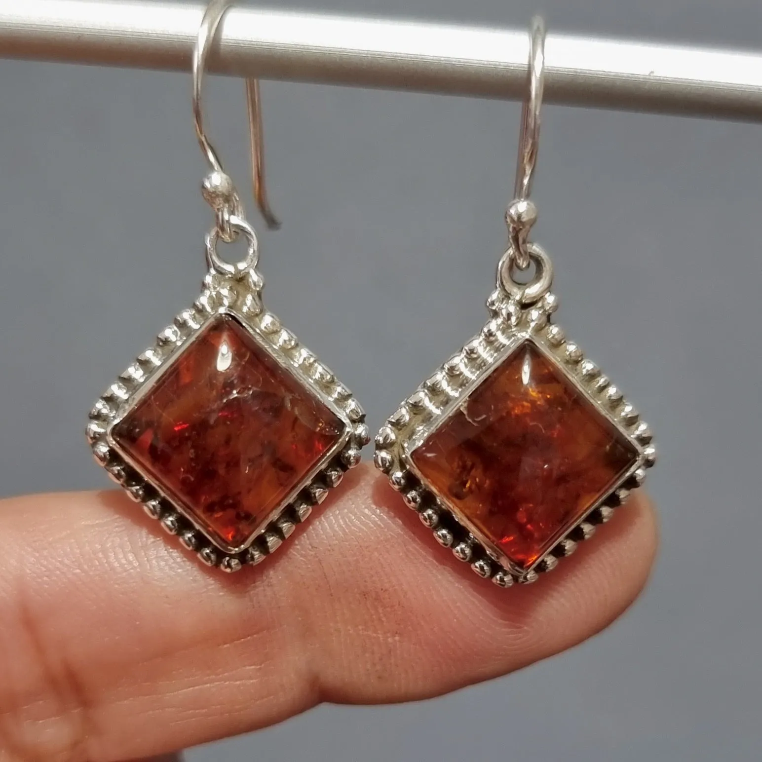 Large Boho Square Baltic Amber Dangle Sterling Silver Earrings, AMBE4