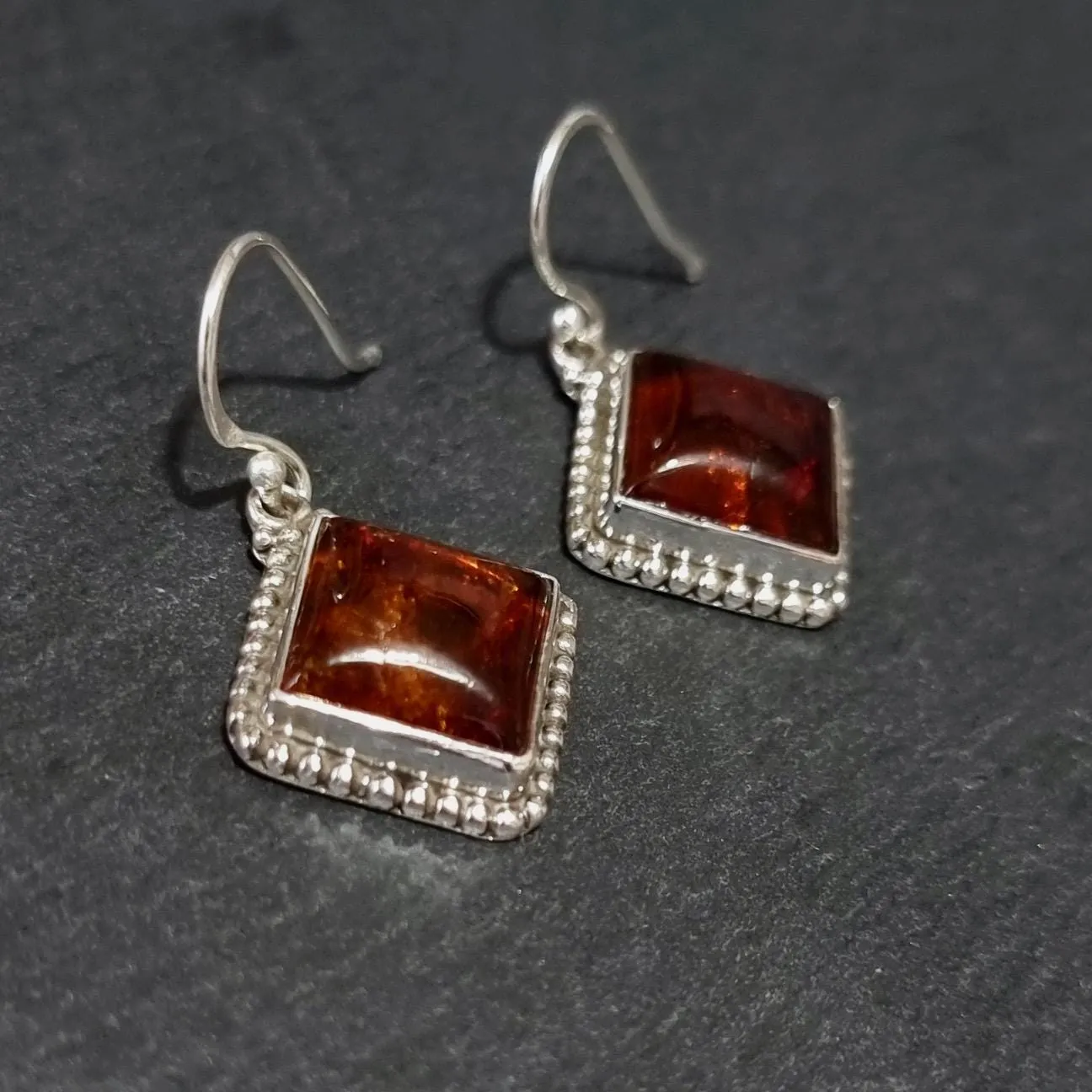 Large Boho Square Baltic Amber Dangle Sterling Silver Earrings, AMBE4