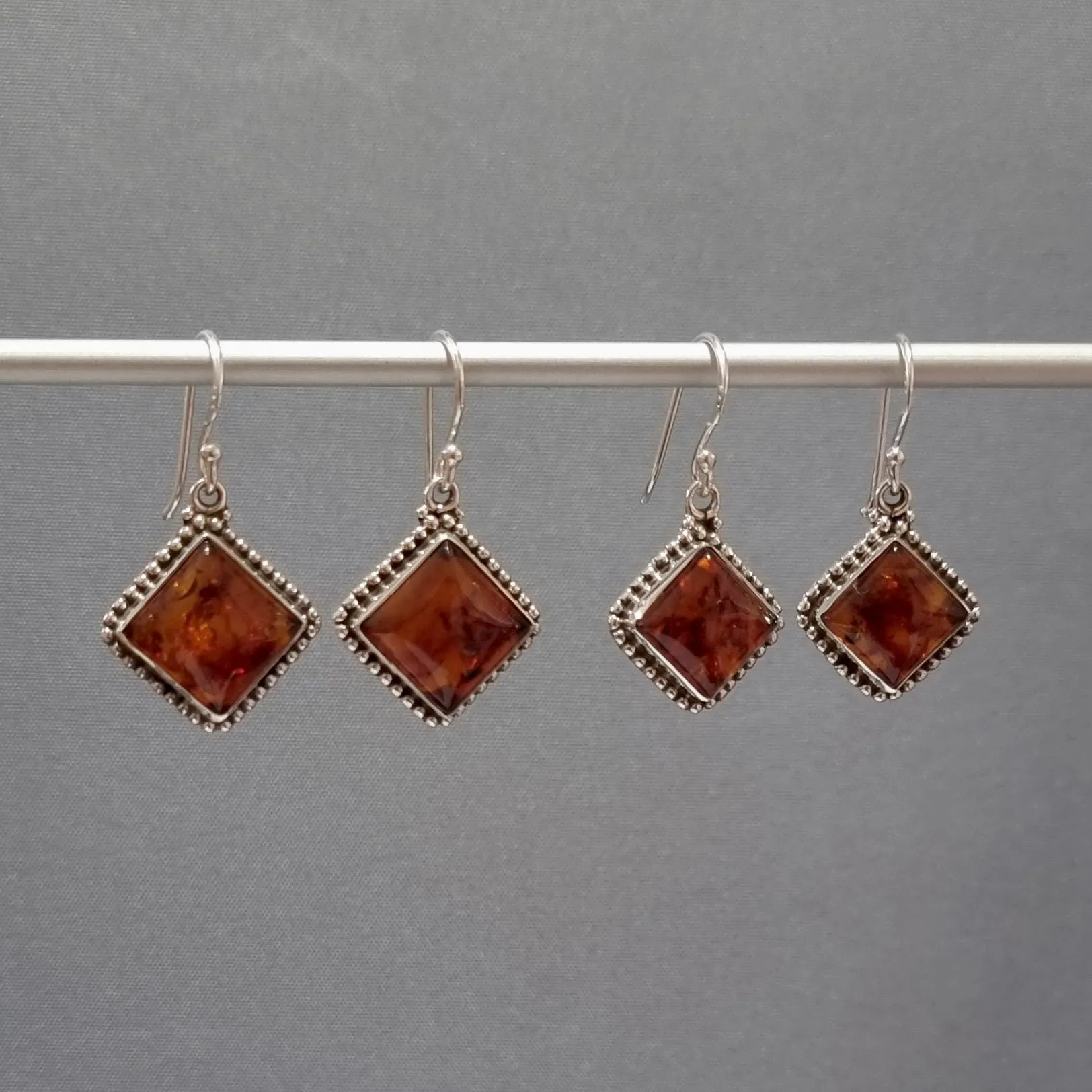 Large Boho Square Baltic Amber Dangle Sterling Silver Earrings, AMBE4