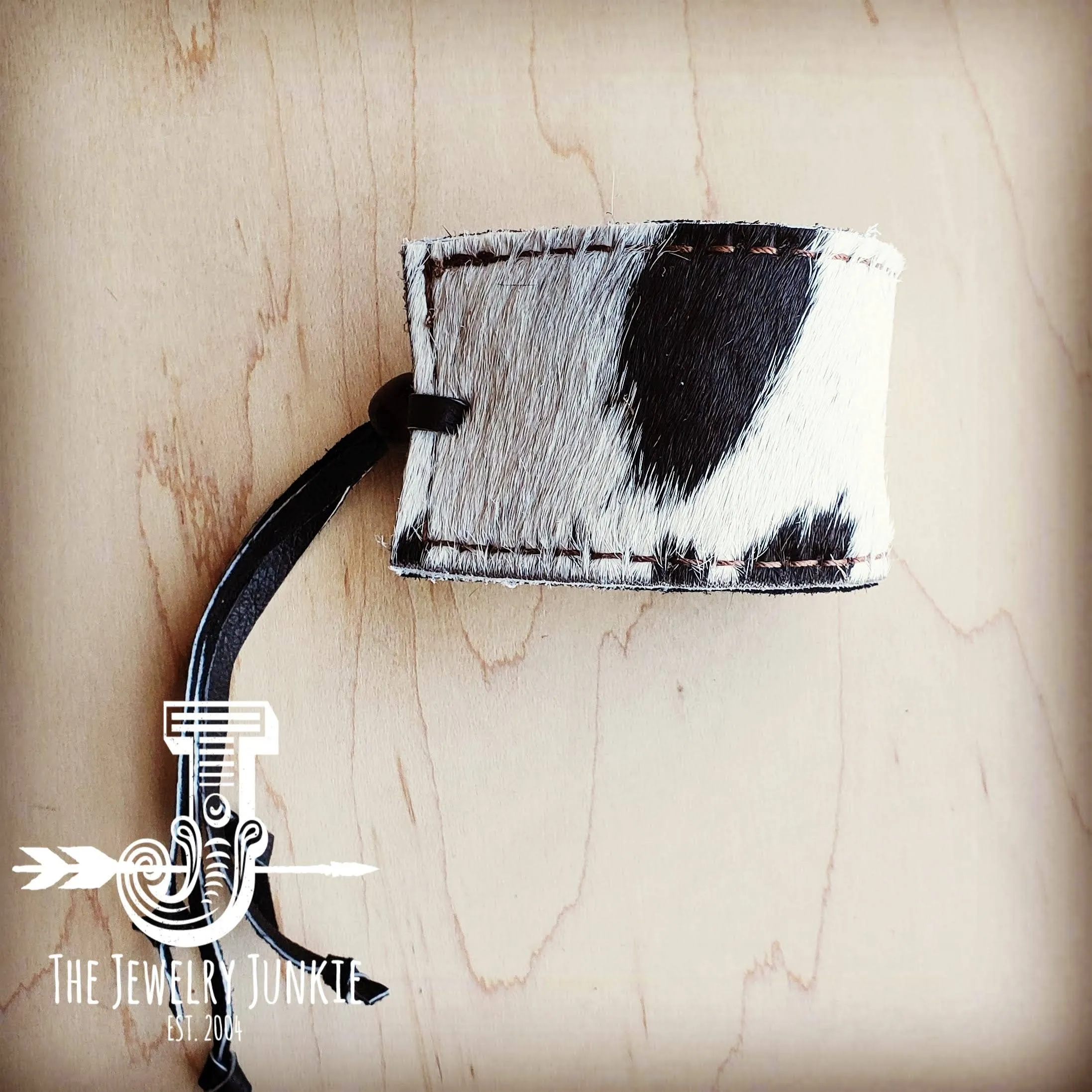 Leather Cuff with Adjustable Tie in Black & White Hair