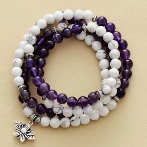 Lotus Charm Amethyst Howlite Stretchy Bracelet