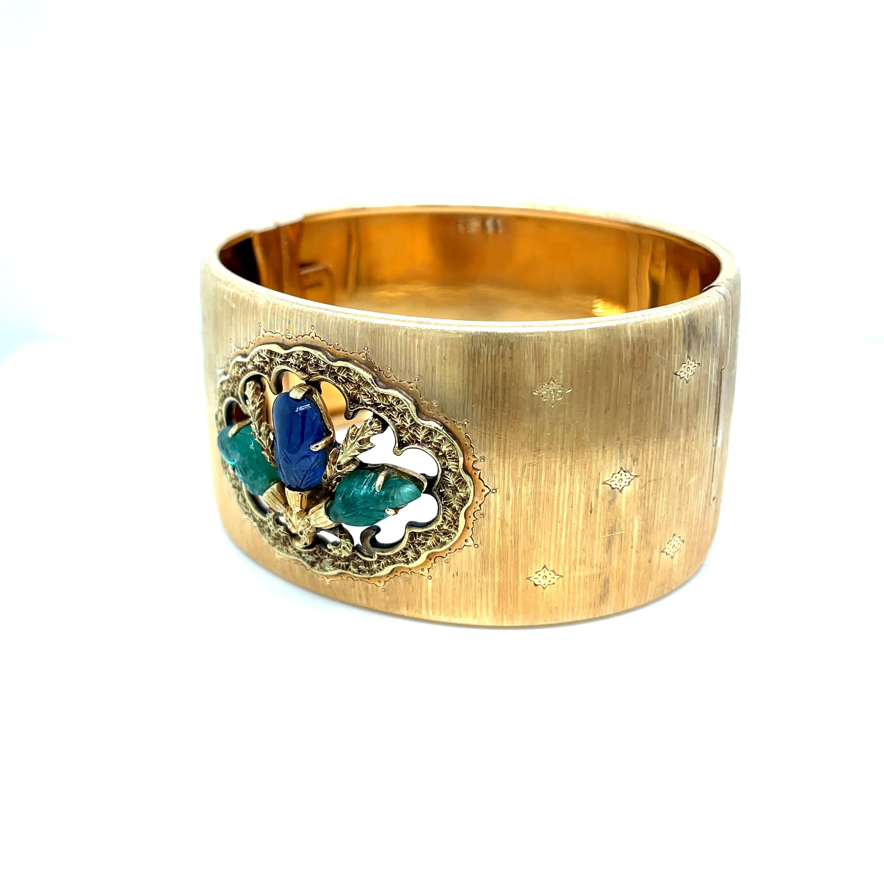 Mario Buccellati Tutti Frutti Sapphire Emerald 1960 Gold Cuff Bracelet