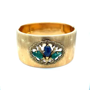 Mario Buccellati Tutti Frutti Sapphire Emerald 1960 Gold Cuff Bracelet