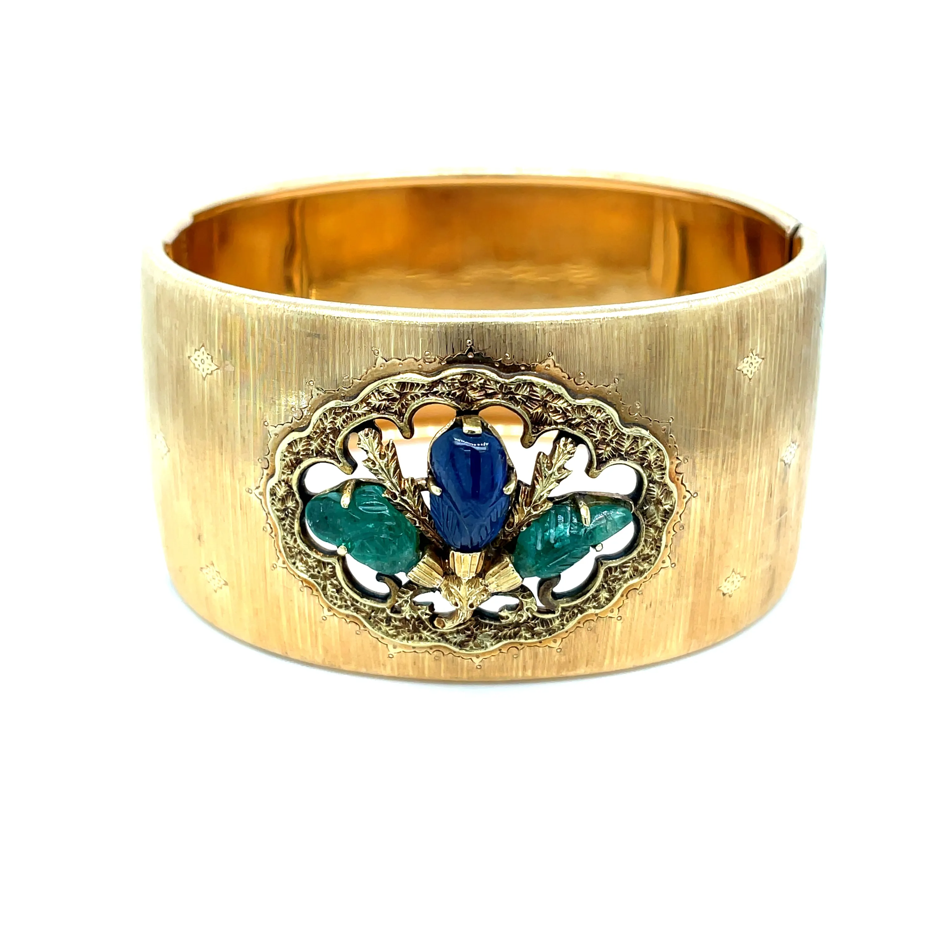 Mario Buccellati Tutti Frutti Sapphire Emerald 1960 Gold Cuff Bracelet