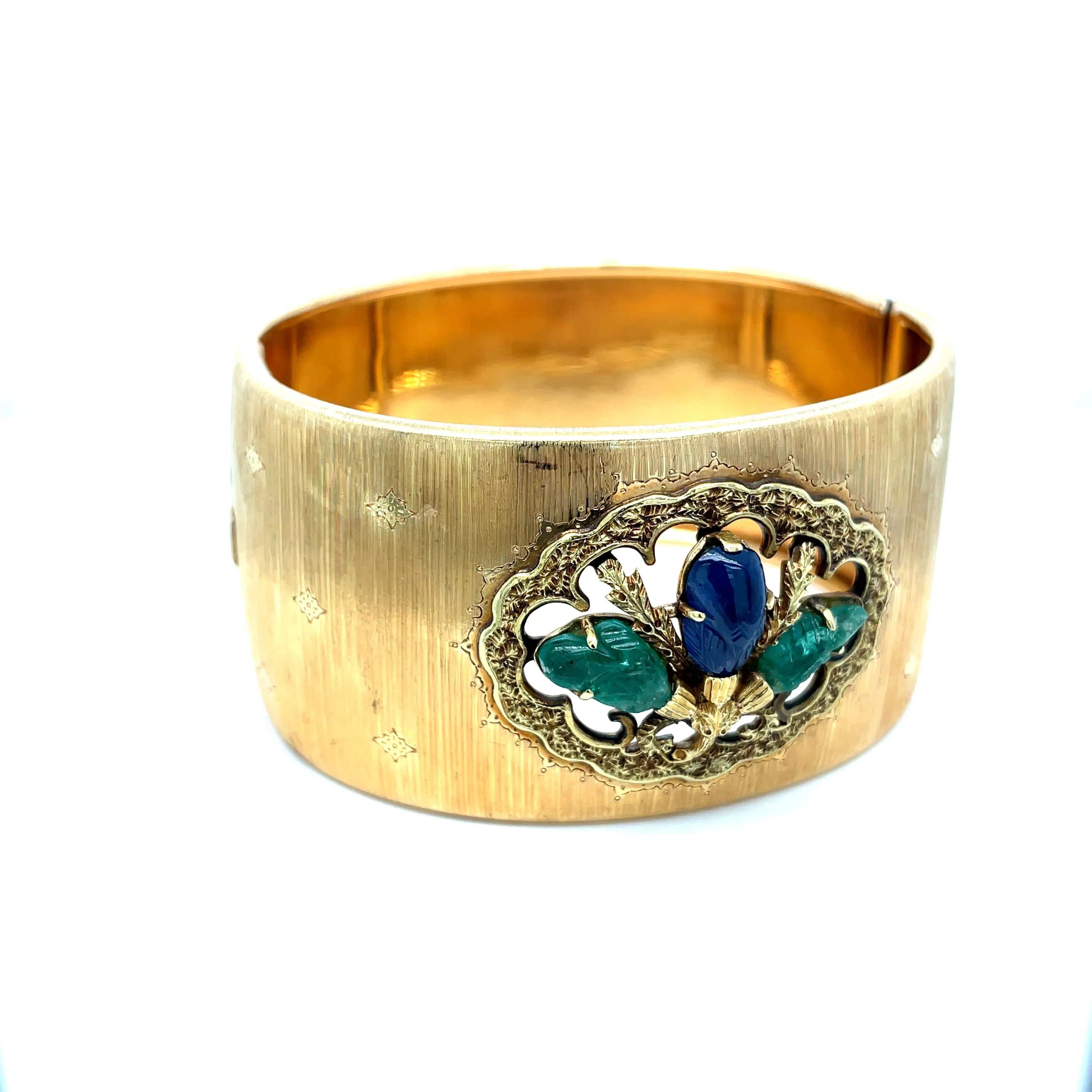 Mario Buccellati Tutti Frutti Sapphire Emerald 1960 Gold Cuff Bracelet