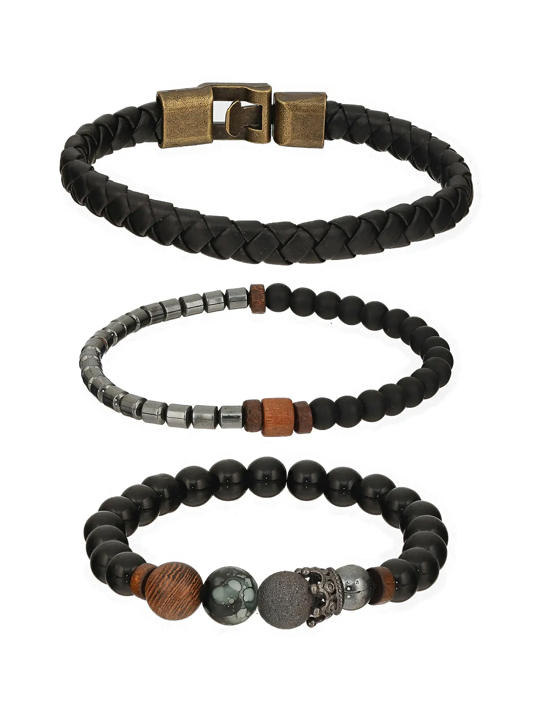 Men Pack Of 3 Brown And Black Elasticated Beaded Bracelet