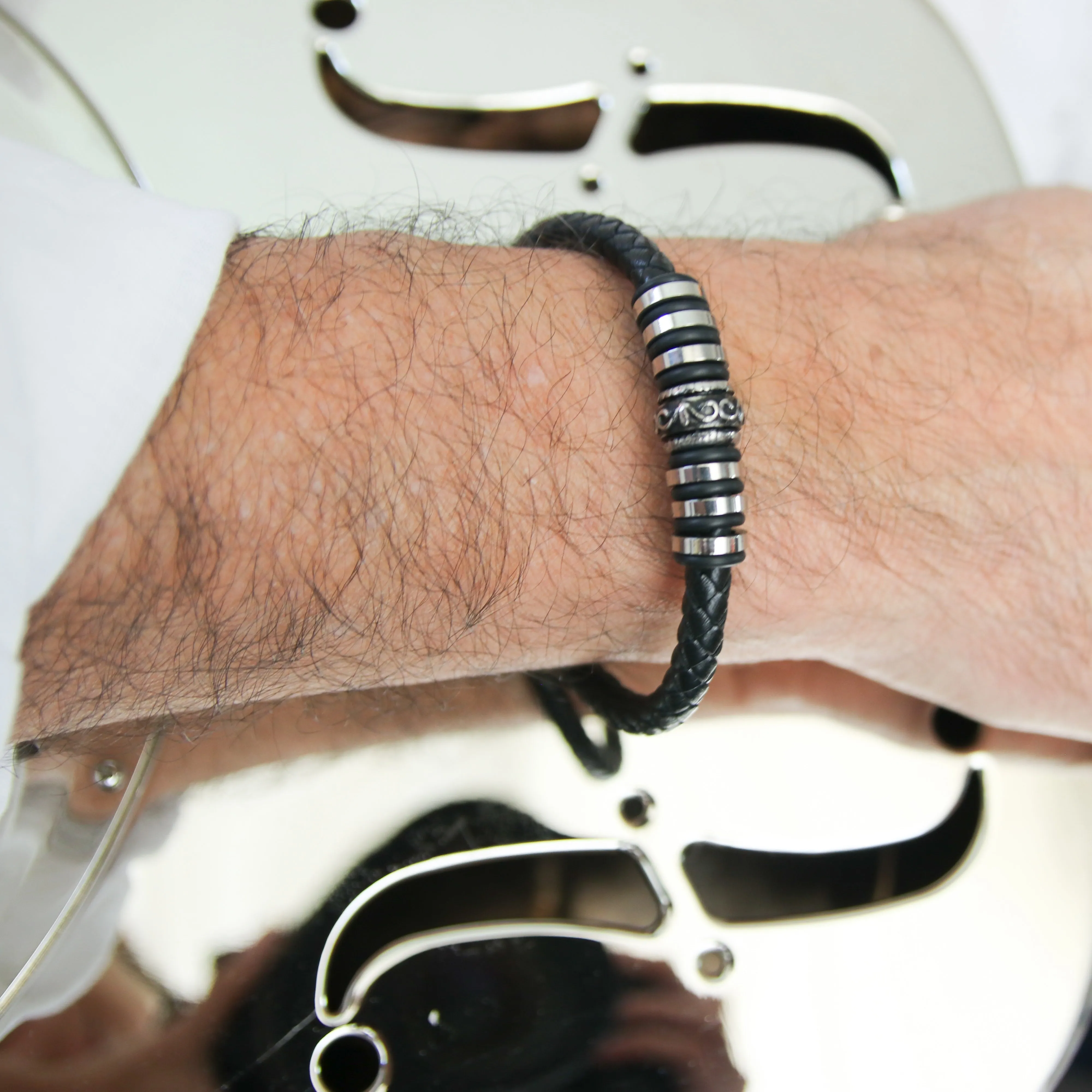 Men's Black Leather Fleur Stainless Steel Bracelet