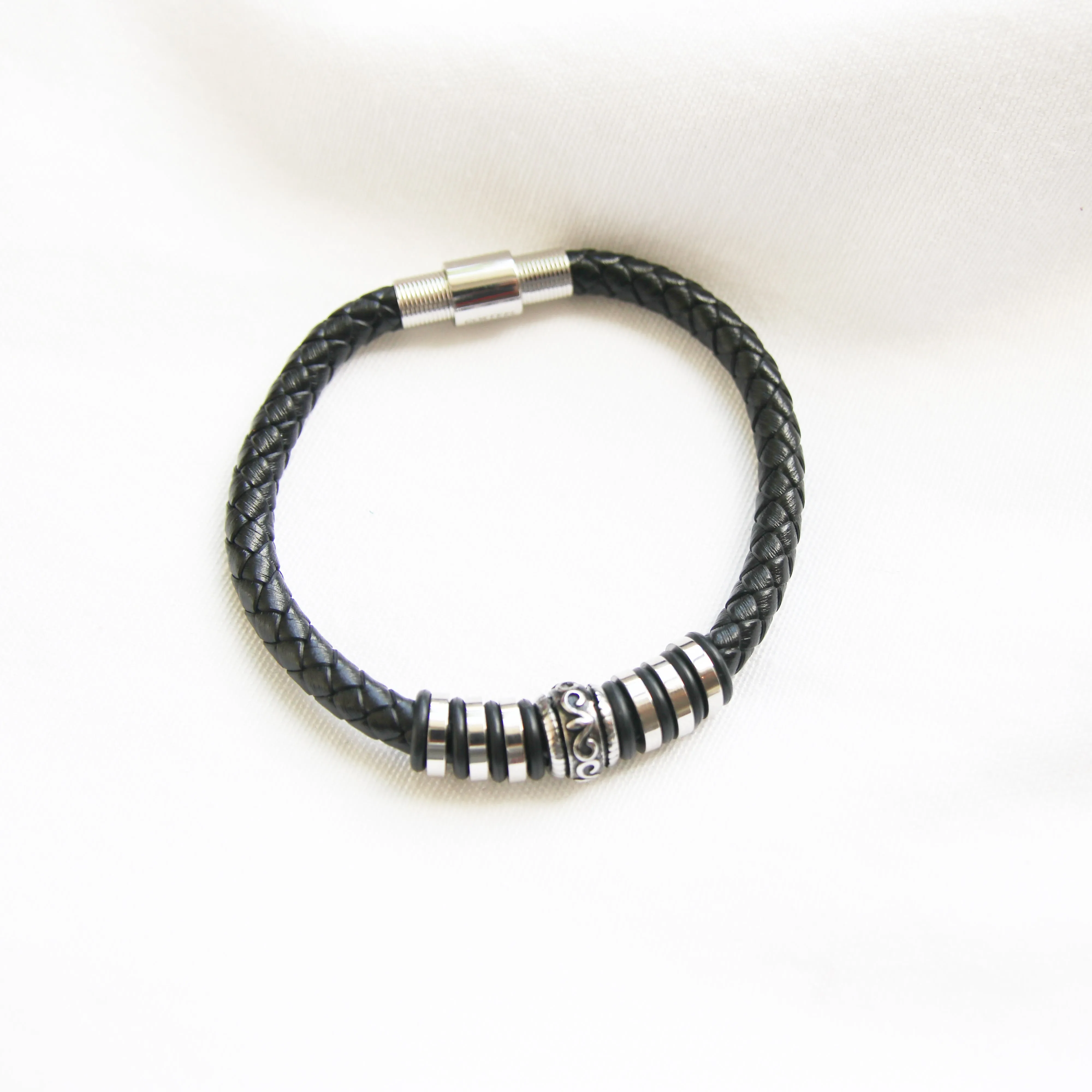 Men's Black Leather Fleur Stainless Steel Bracelet