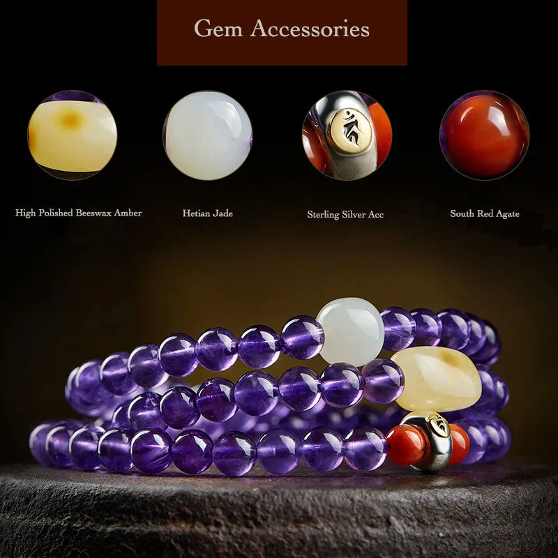 Multi-circle Natural Clear Purple Amethyst Raw Crystal Bracelet with Multiple Gemstones