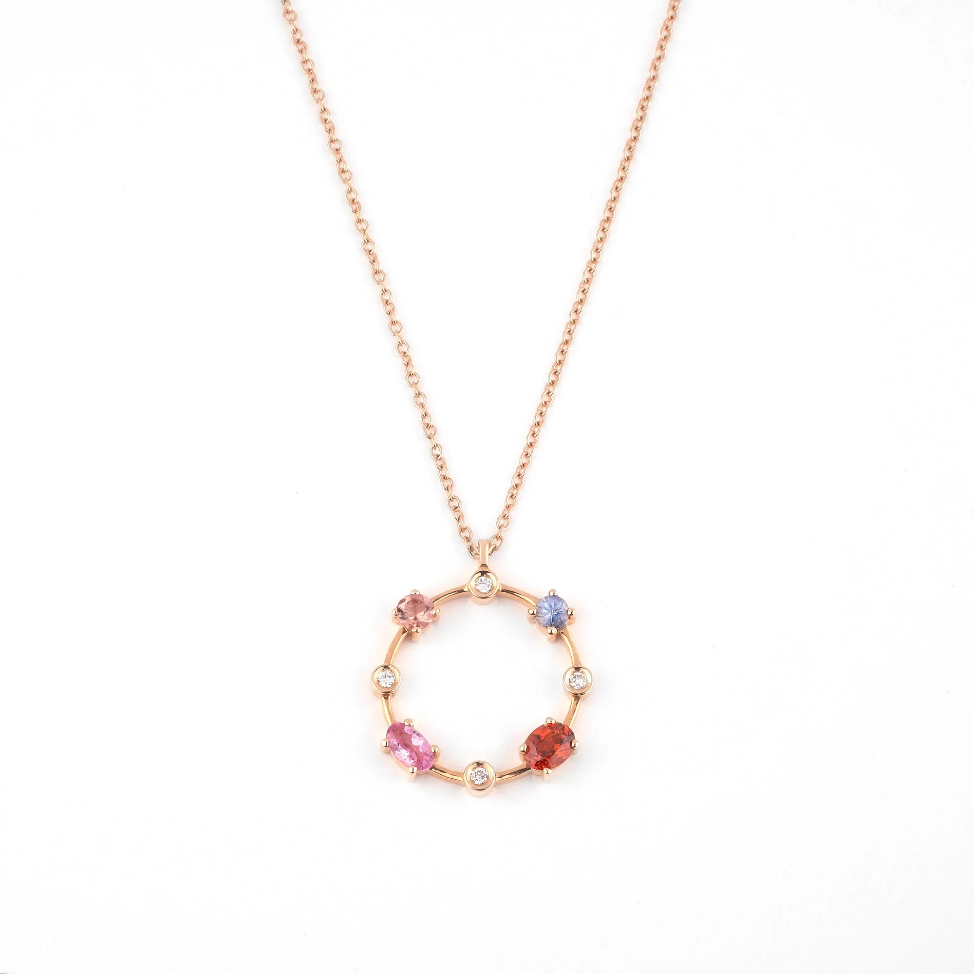 Multi coloured gemstones circle 18k rose gold pendant