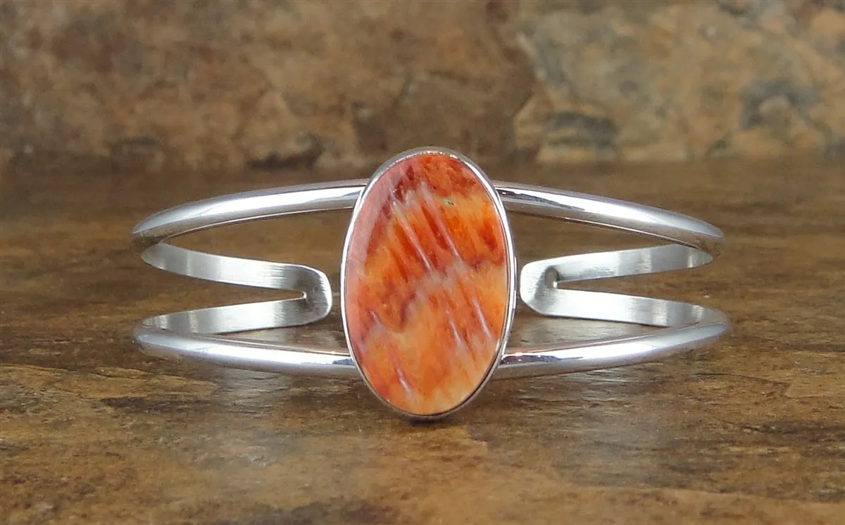 Native American Made Orange Spiny Oyster and Sterling Silver Cuff Bracelet