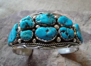 Native American Made Turquoise Nugget and Sterling Silver Cuff Bracelet