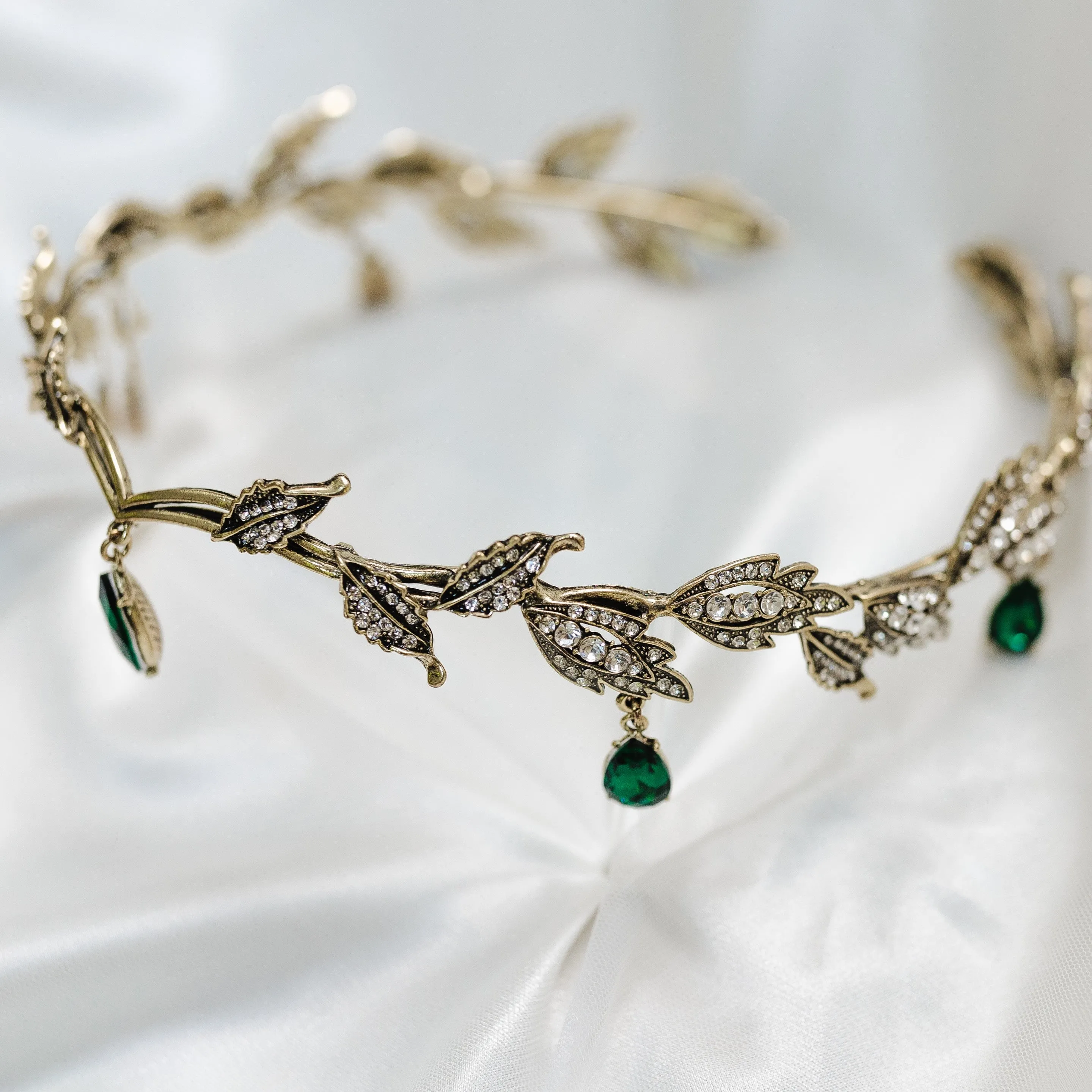 Octavia’s Crystal Drop Head Band in Antique Gold & Green