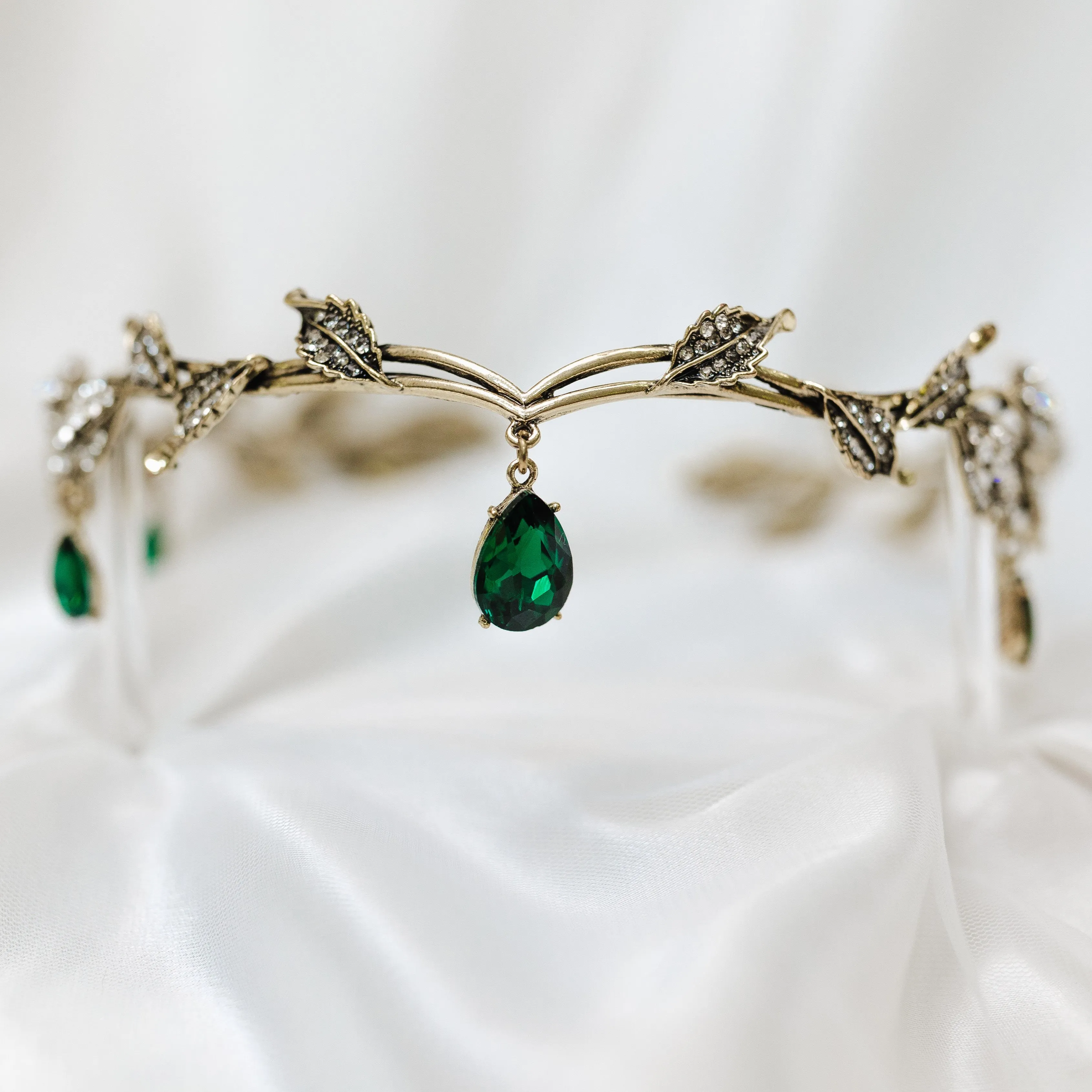 Octavia’s Crystal Drop Head Band in Antique Gold & Green