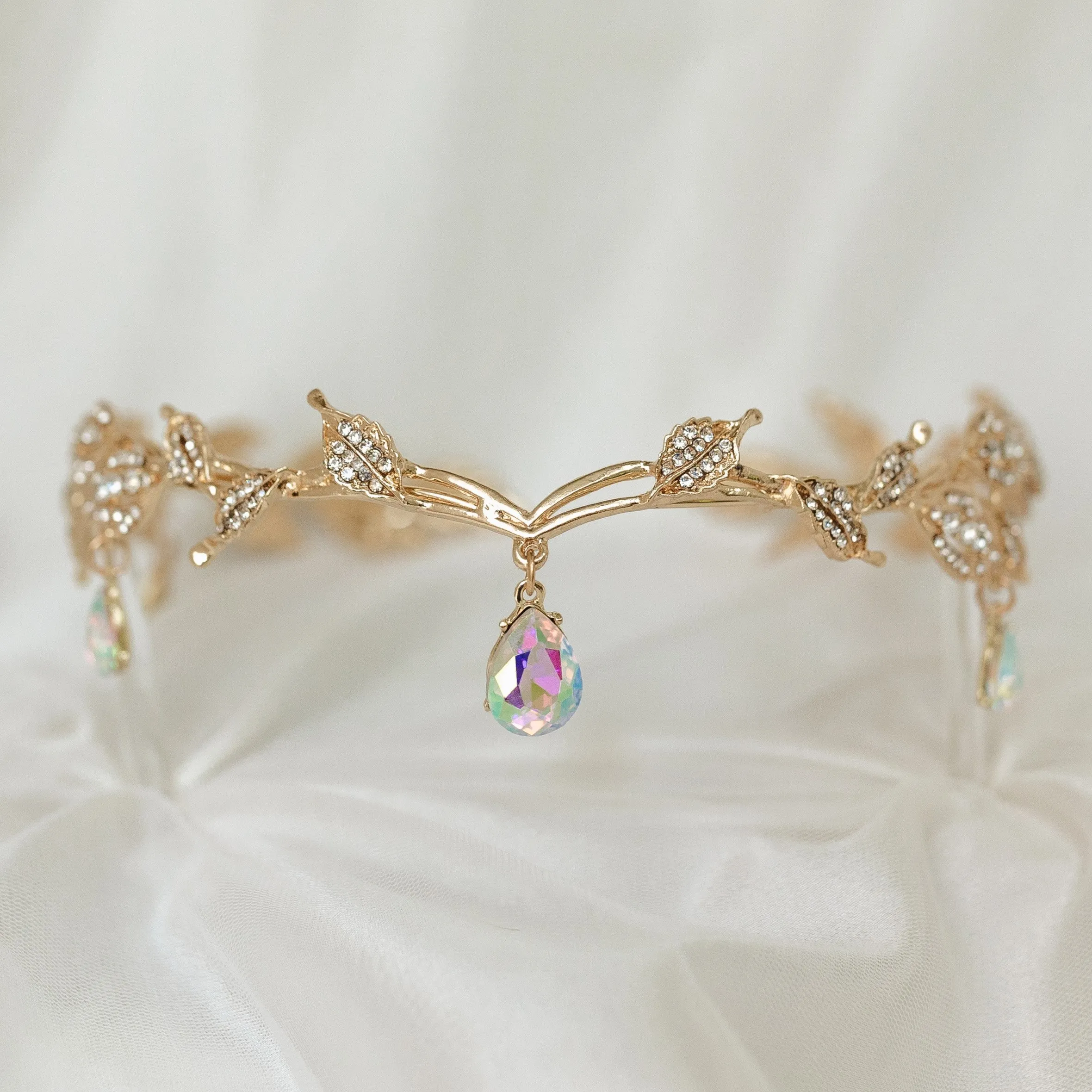 Octavia’s Crystal Drop Head Band in Gold & Faux Opal