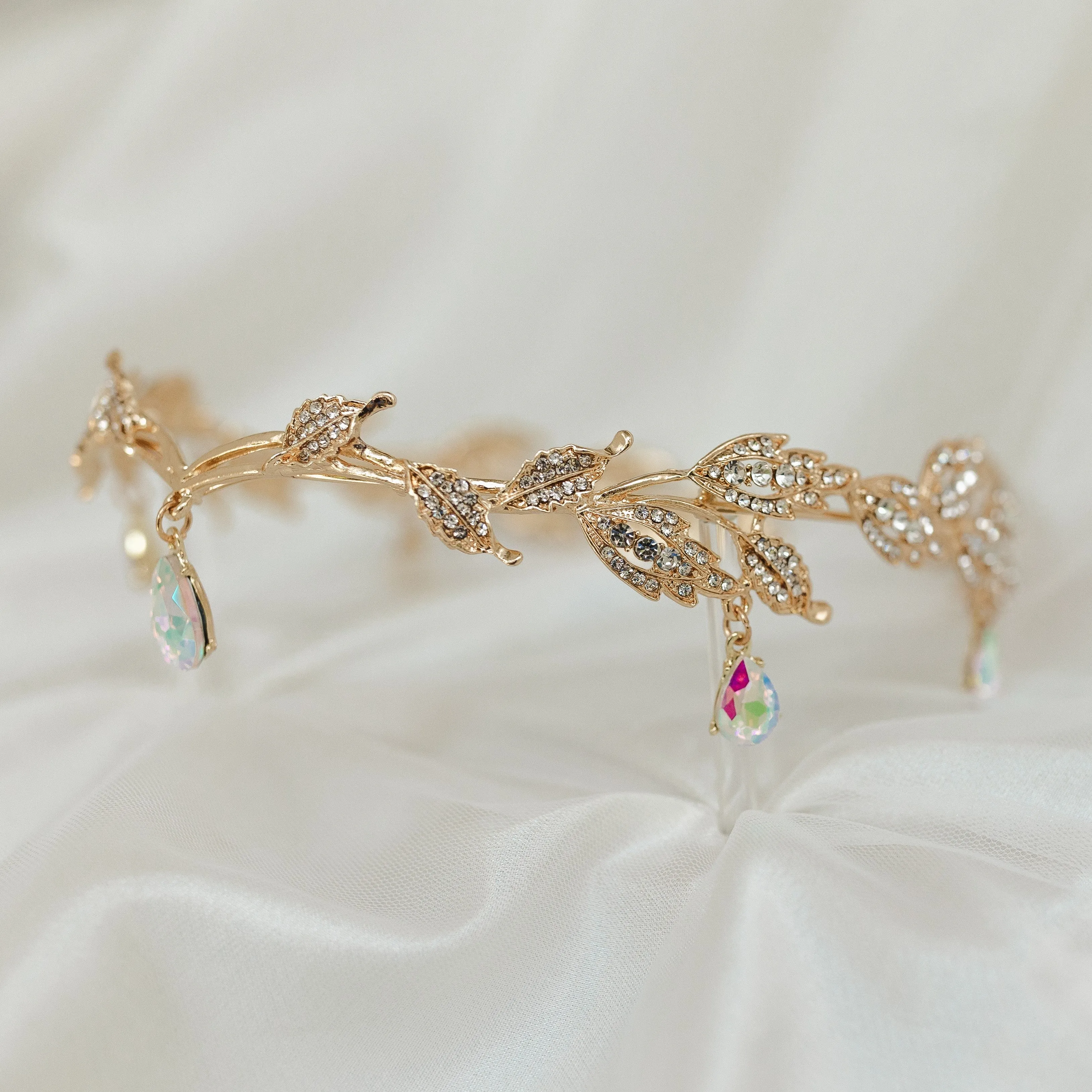 Octavia’s Crystal Drop Head Band in Gold & Faux Opal