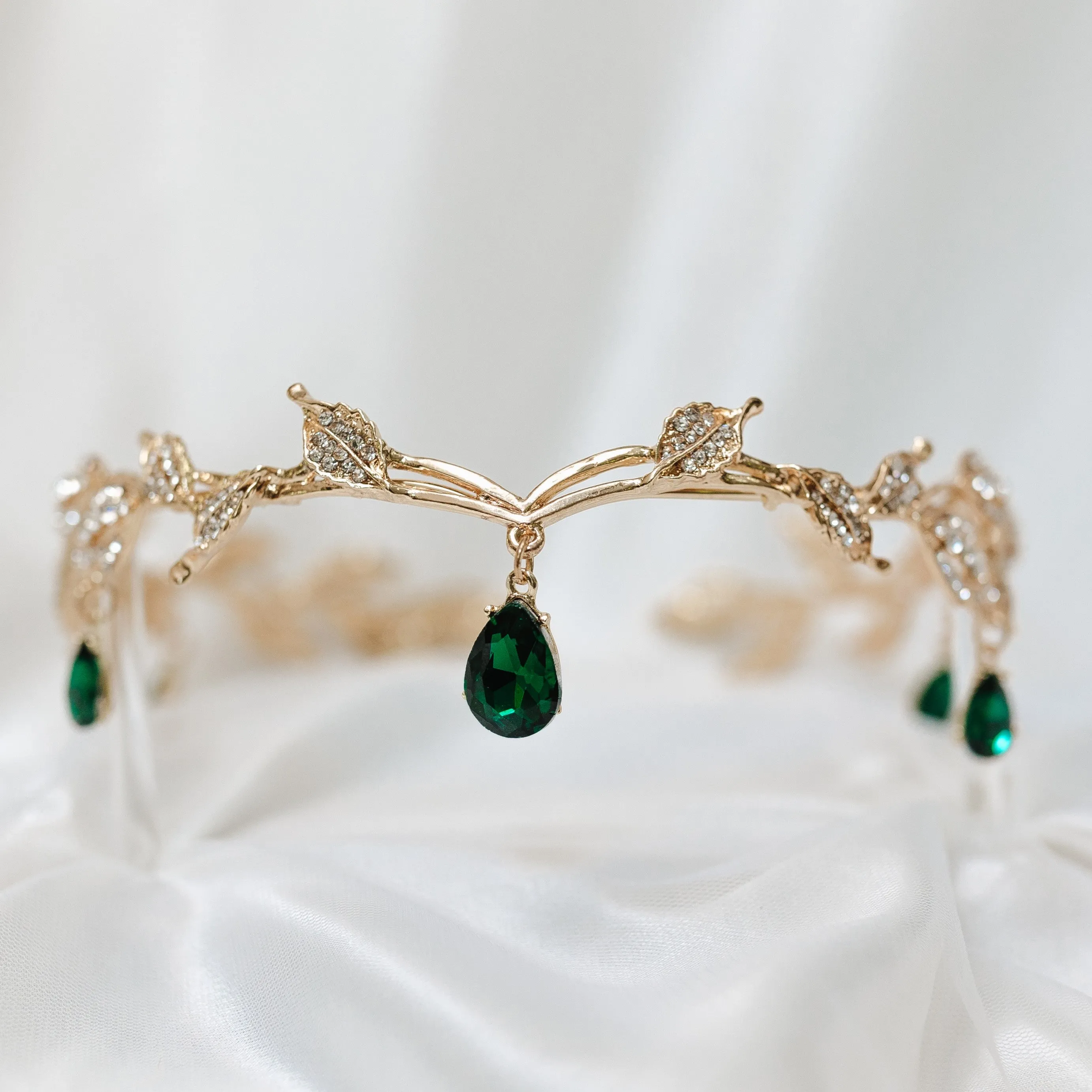 Octavia’s Crystal Drop Head Band in Gold & Green