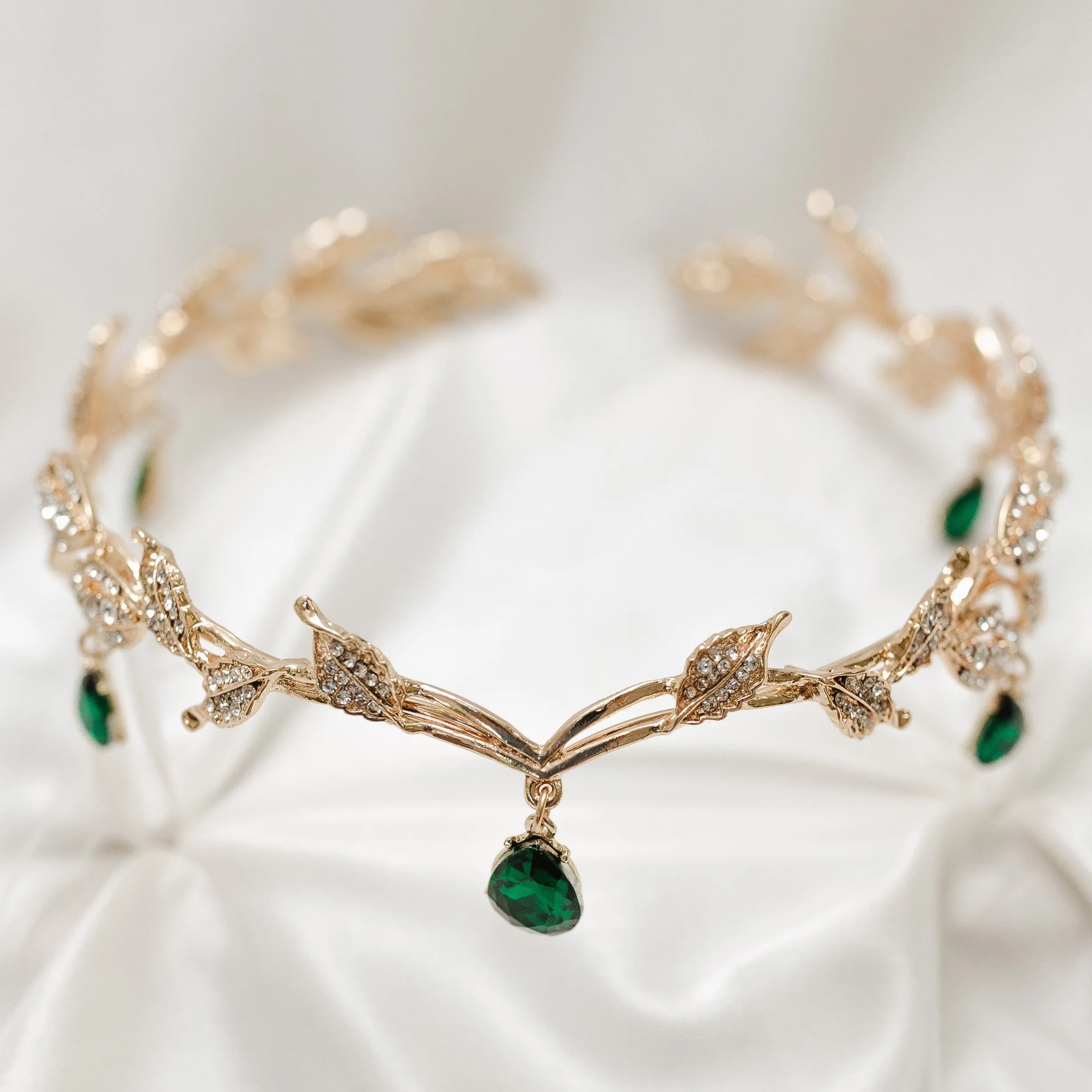 Octavia’s Crystal Drop Head Band in Gold & Green