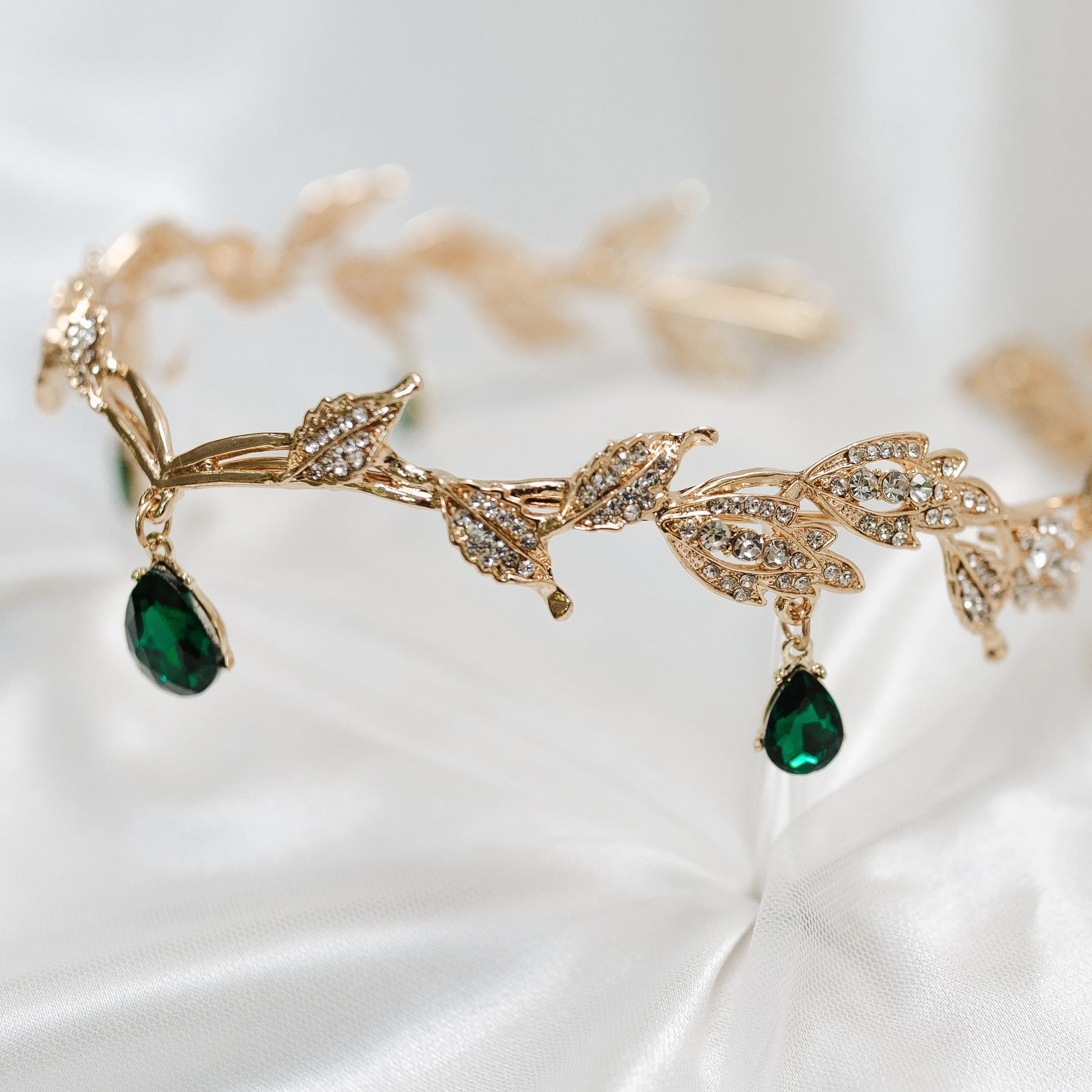 Octavia’s Crystal Drop Head Band in Gold & Green