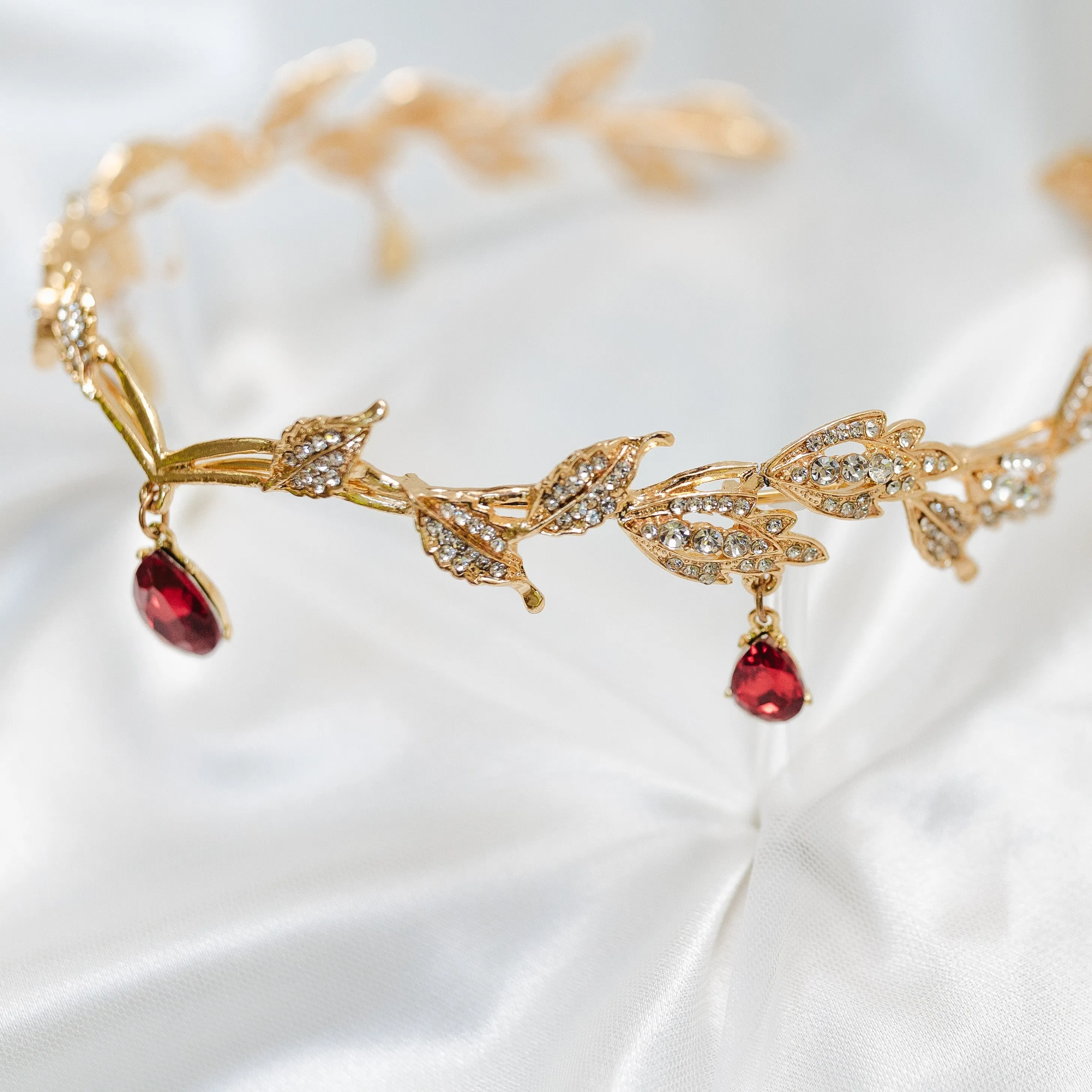 Octavia’s Crystal Drop Head Band in Gold & Red