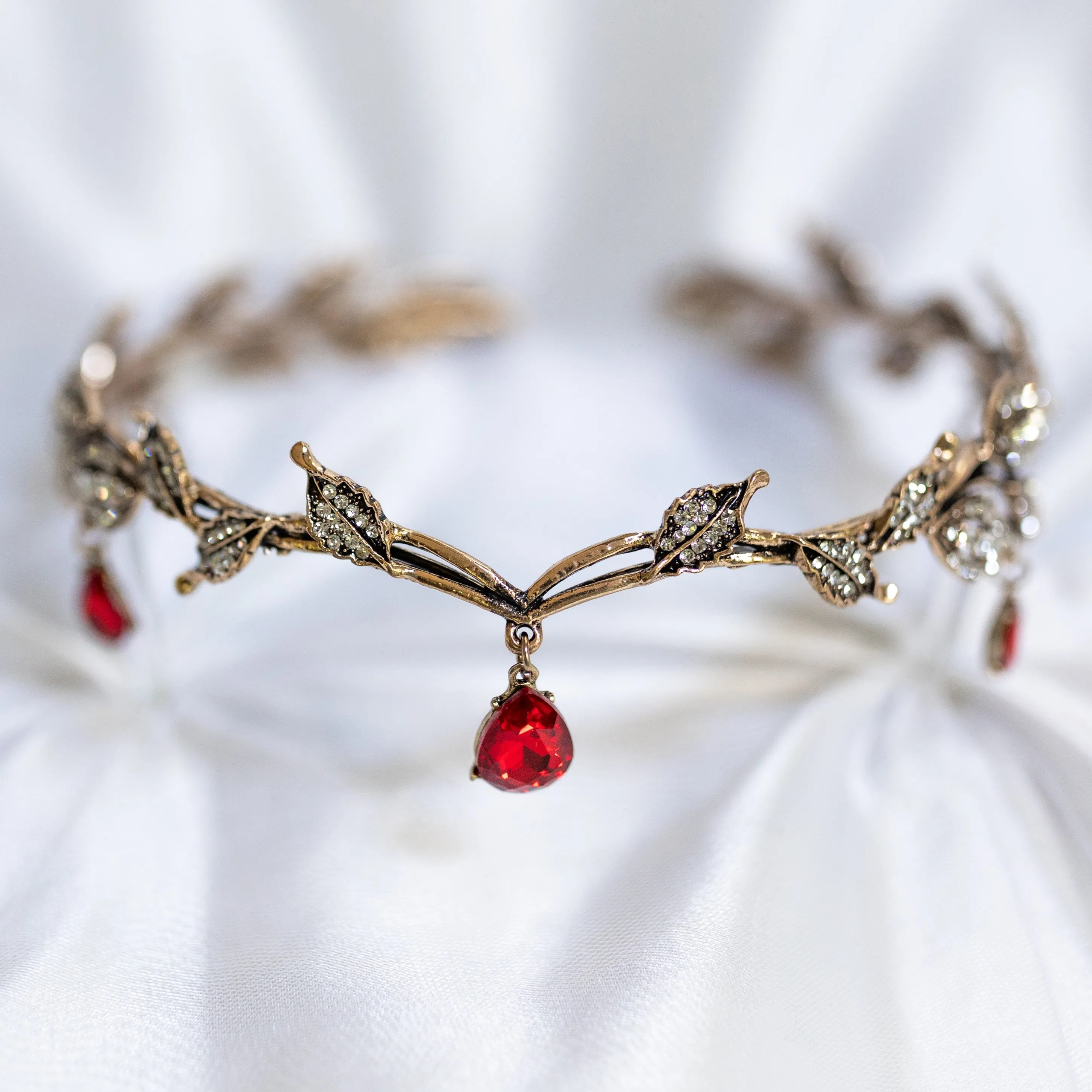 Octavia’s Crystal Drop Head Band in Red & Antique Gold