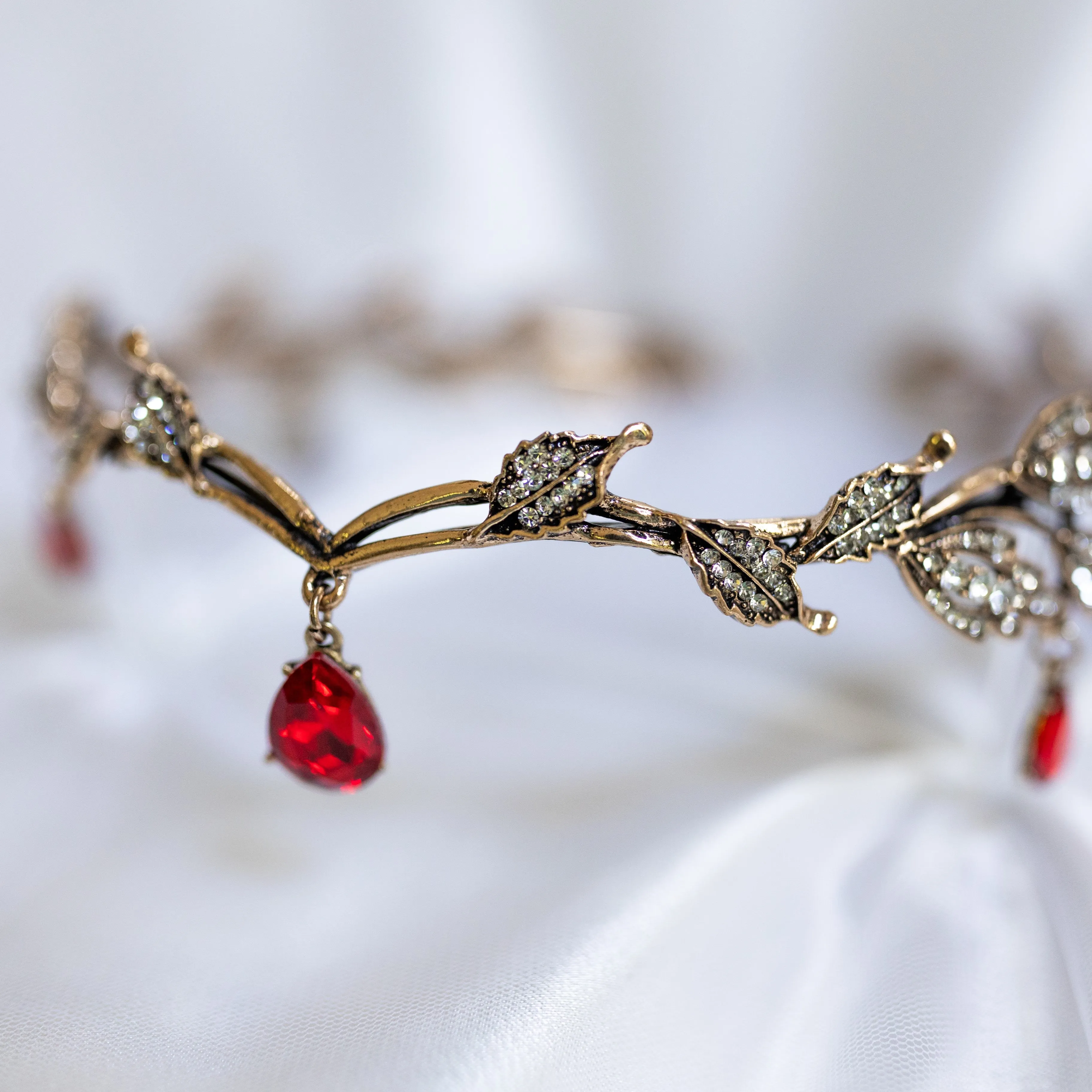 Octavia’s Crystal Drop Head Band in Red & Antique Gold