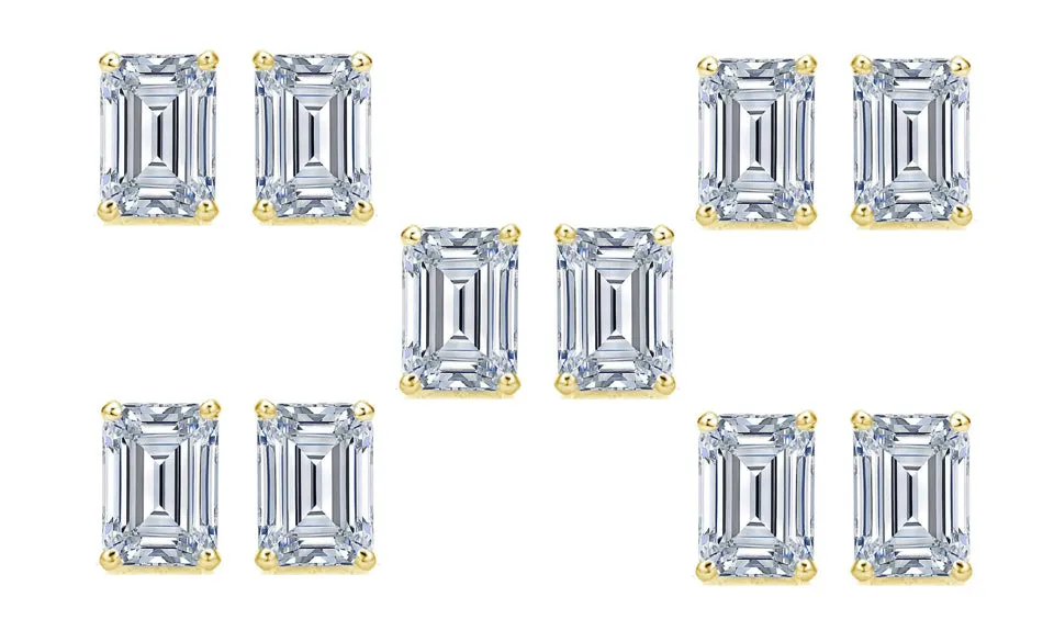 Paris jewelry 14k Yellow Gold 4mm 4Ct Emerald Cut White Sapphire Set Of Five Stud Earrings Plated