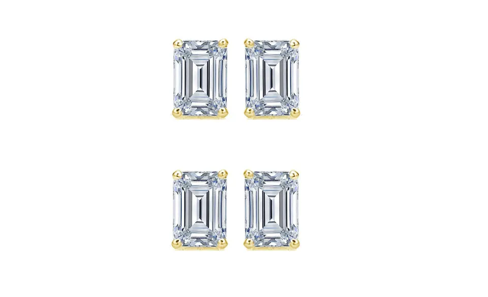 Paris jewelry 14k Yellow Gold 6mm 1Ct Emerald Cut White Sapphire Set Of Two Stud Earrings Plated