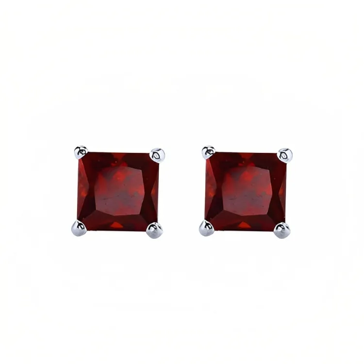 Paris Jewelry 18k White Gold 2 Pair Created Garnet 6mm Round & Princess Cut Stud Earrings Plated