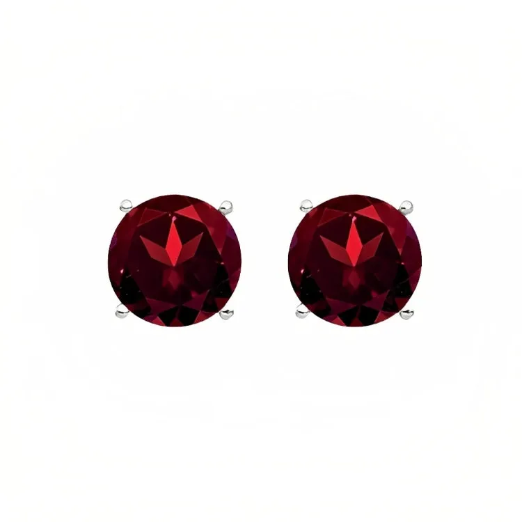 Paris Jewelry 18k White Gold 2 Pair Created Garnet 6mm Round & Princess Cut Stud Earrings Plated