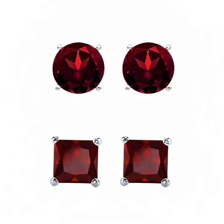 Paris Jewelry 18k White Gold 2 Pair Created Garnet 6mm Round & Princess Cut Stud Earrings Plated