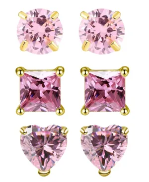 Paris Jewelry 18k Yellow Gold Created Tourmaline 3 Pair Round, Square And Heart Stud Earrings Plated 4mm