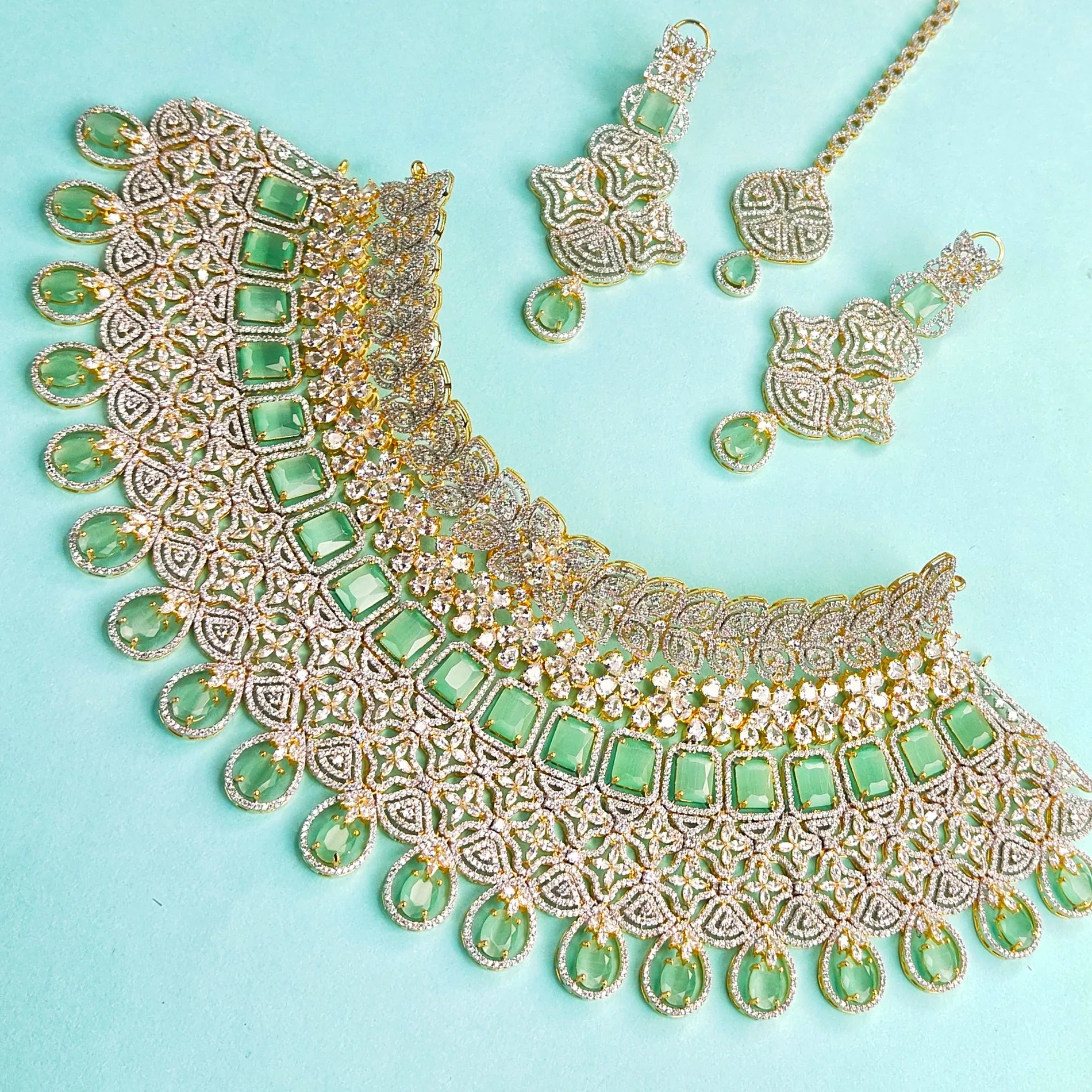 Pastel Green Colour American Diamonds Choker Necklace Set By Asp Fashion Jewellery