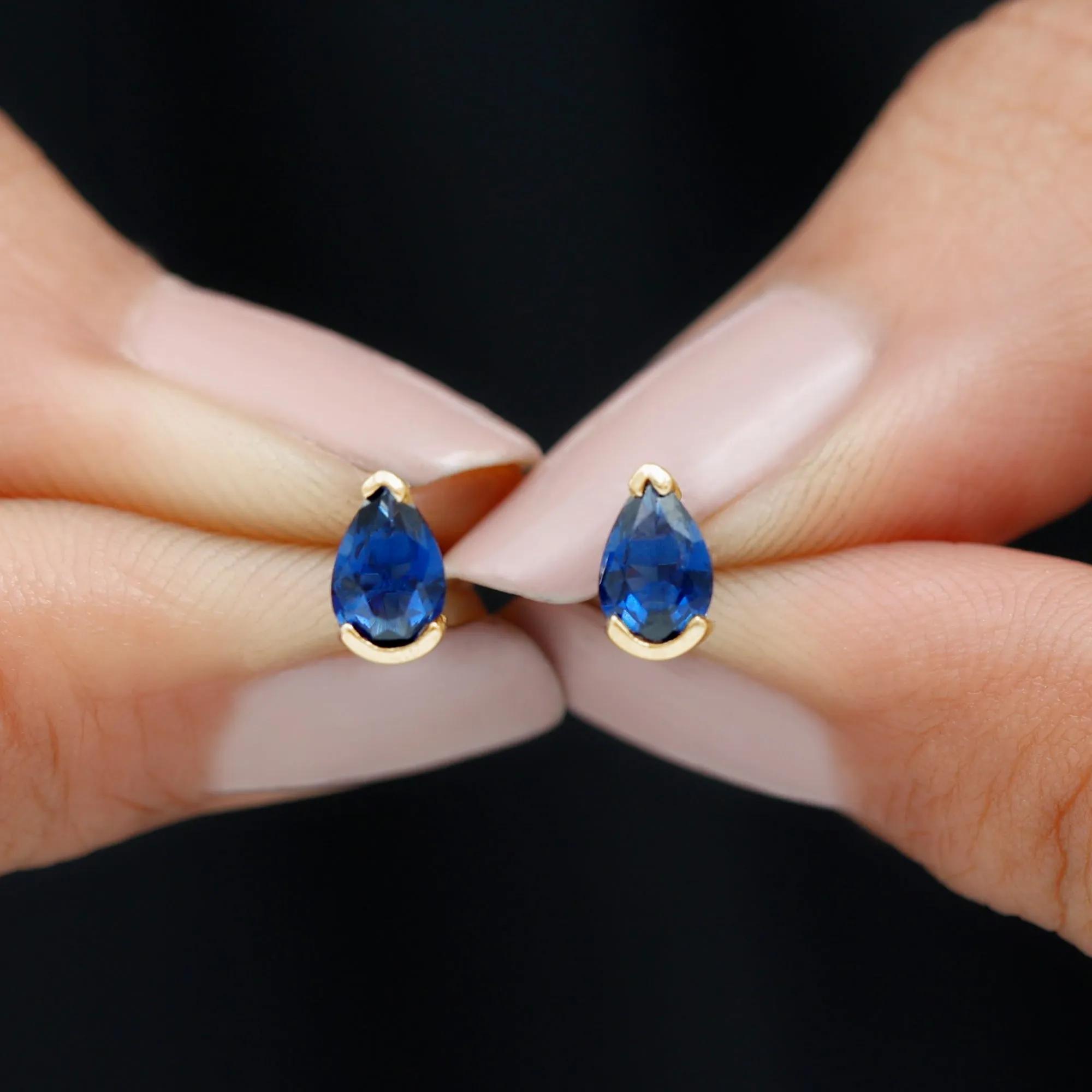 Pear Cut Lab Grown Blue Sapphire Solitaire Stud Earrings