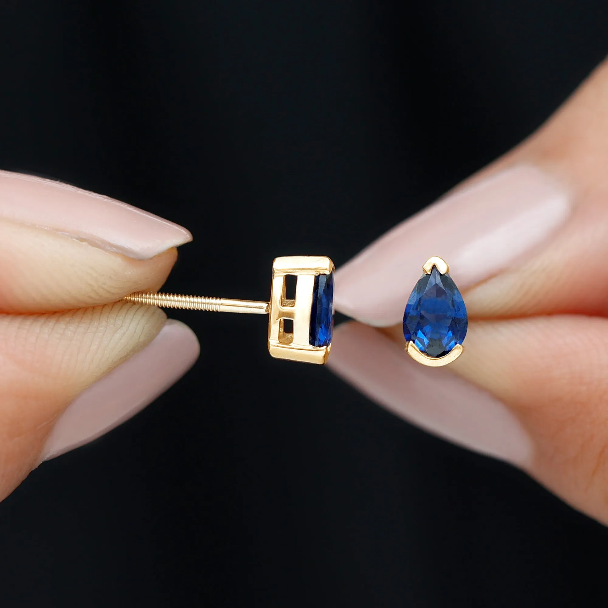 Pear Cut Lab Grown Blue Sapphire Solitaire Stud Earrings