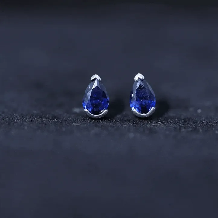 Pear Cut Lab Grown Blue Sapphire Solitaire Stud Earrings