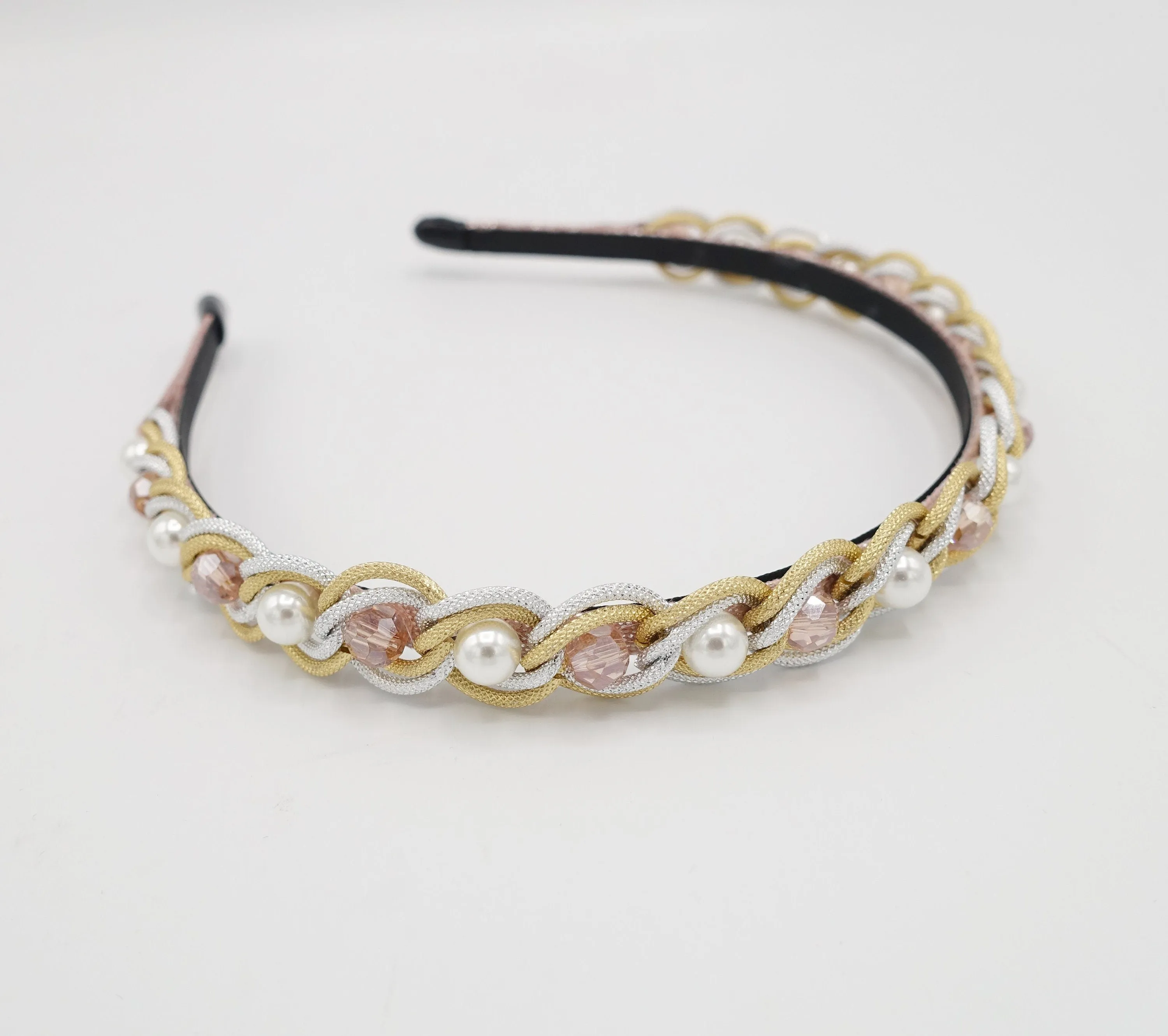 pearl glass beads embellished chain headband thin hairband hair accessory for women