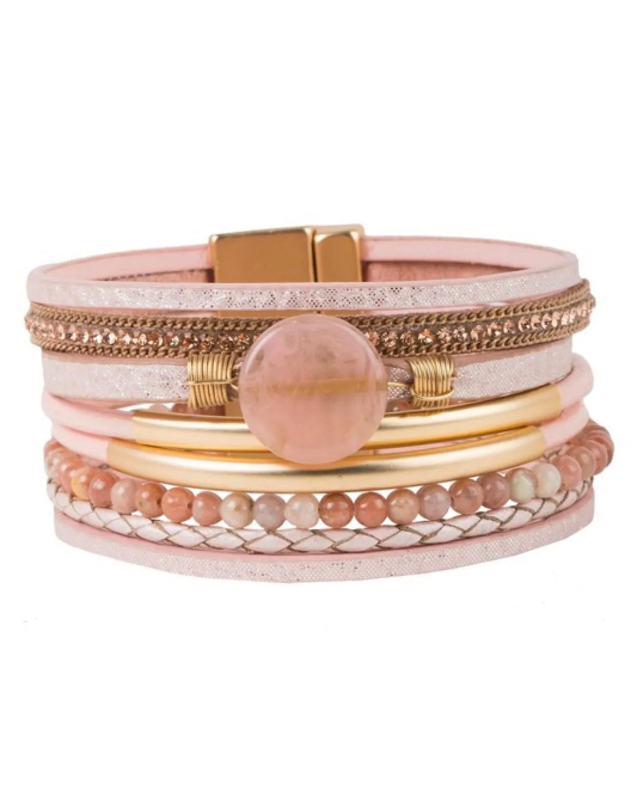 Pink Beaded Vegan Leather Bracelet