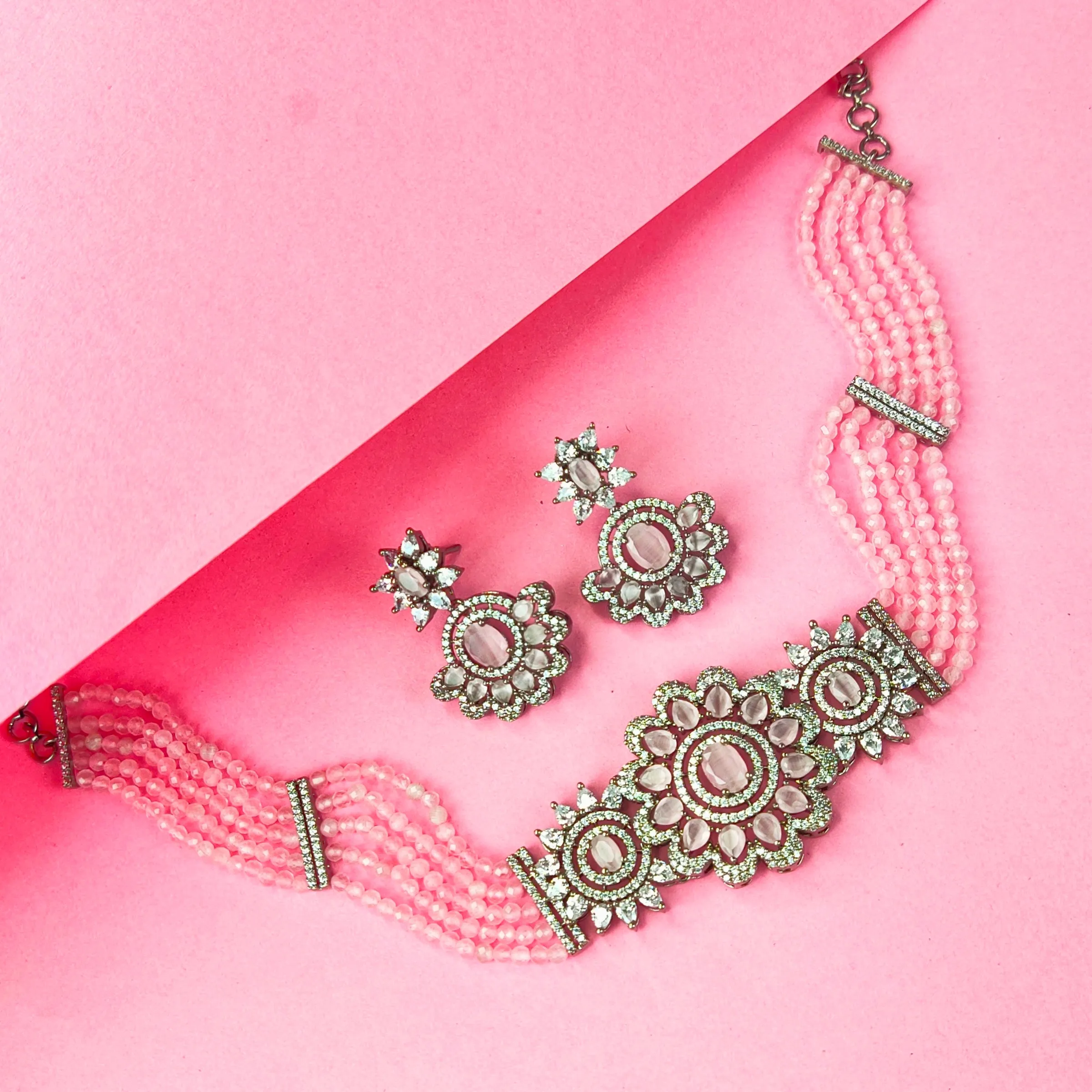 Pink beads choker with American diamond pendant By Asp Fashion Jewellery