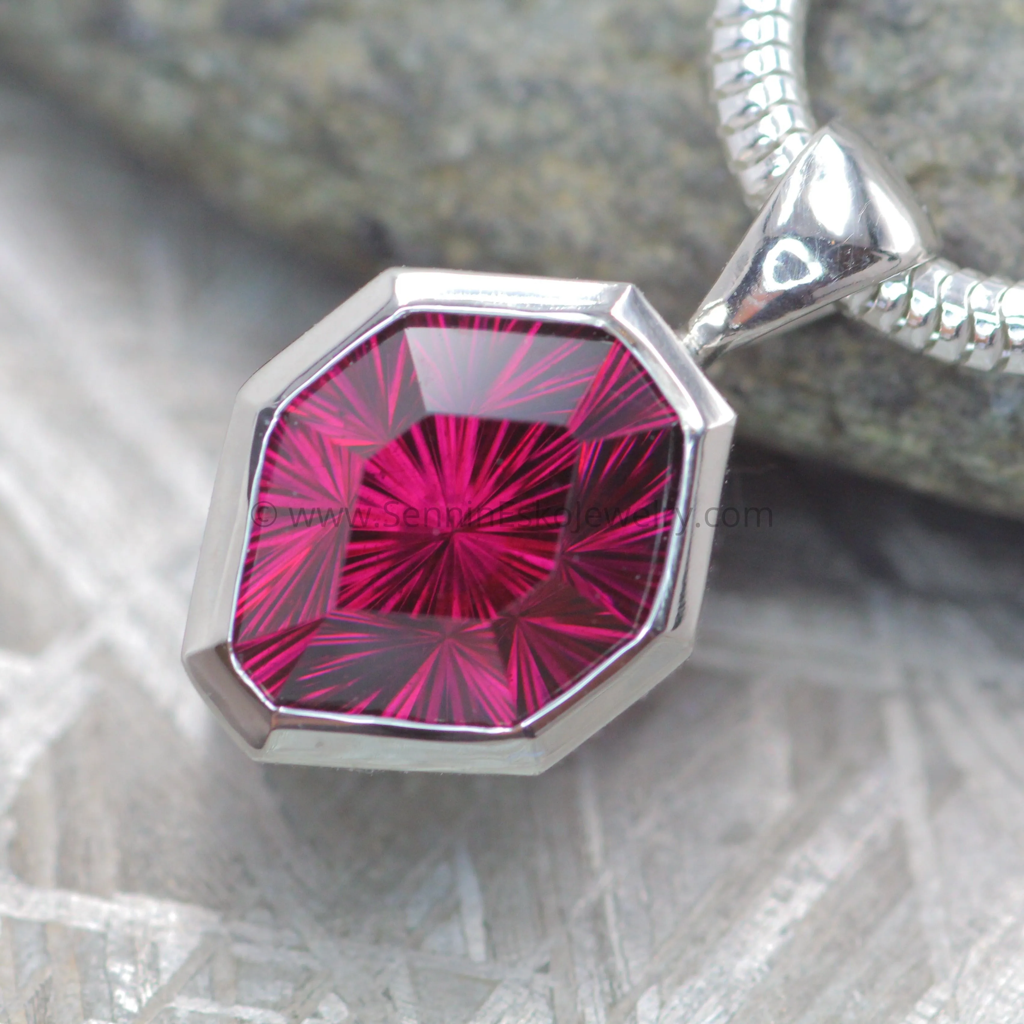 Platinum Slider Necklace for Medium Sized Gems - Depicted with a Fantasy cut Rhodolite Garnet (Setting Only, Center Stone Sold Separately)