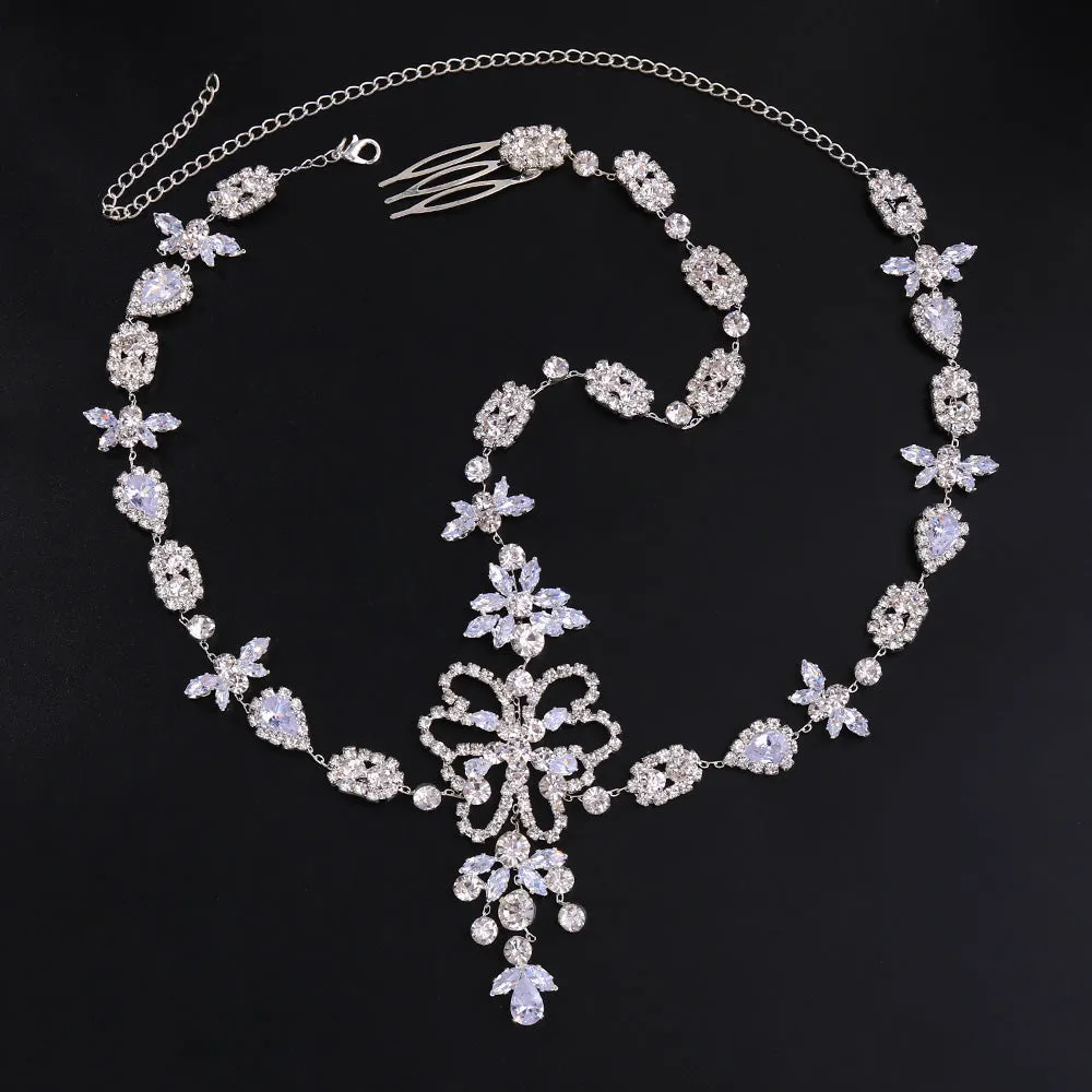 Romantic CZ Crystal Frontlet Bridal Headpiece Hair Chain