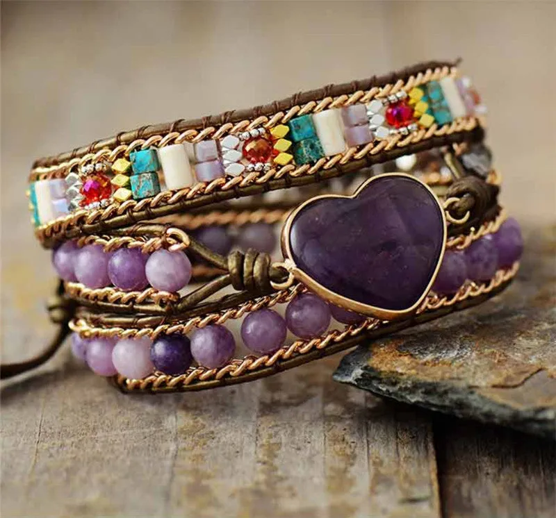 Romantic Violet Heart Leather Bracelet