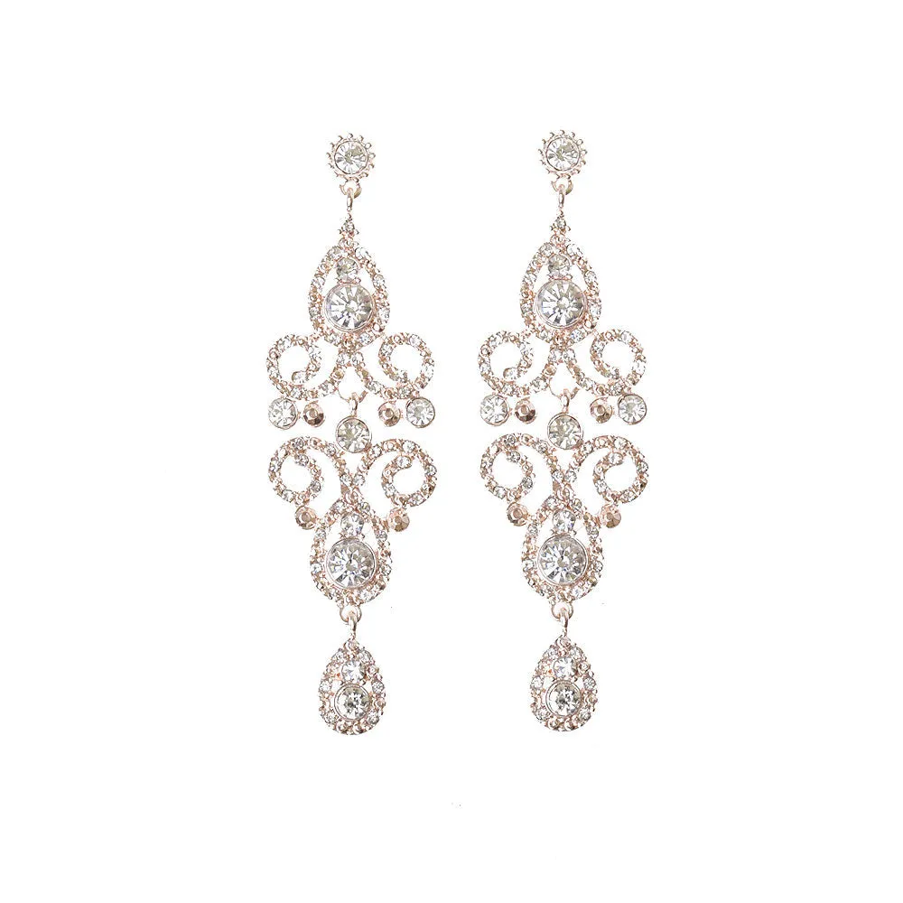 Rose Gold Crystal Bead Filigree Swirl Chandelier Earrings