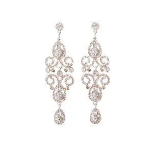 Rose Gold Crystal Bead Filigree Swirl Chandelier Earrings