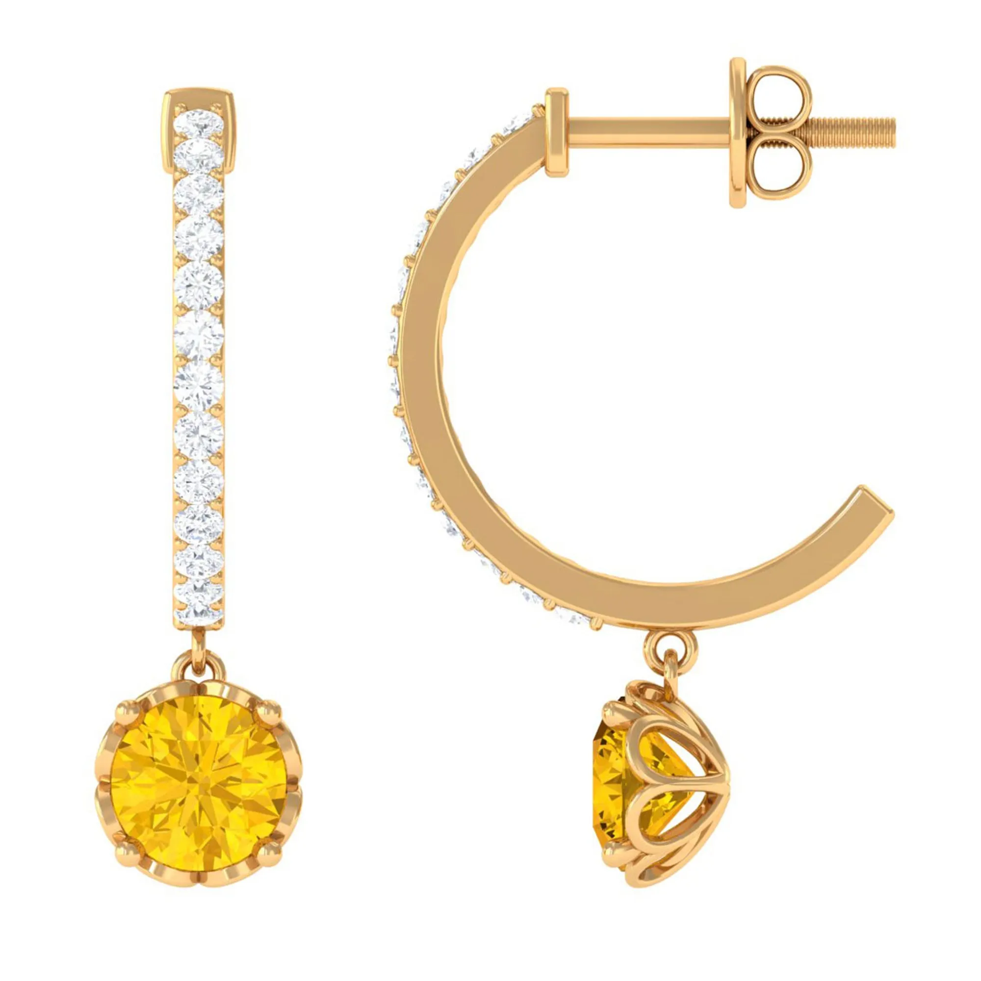 Round Lab Grown Yellow Sapphire Hoop Drop Earrings with Diamond