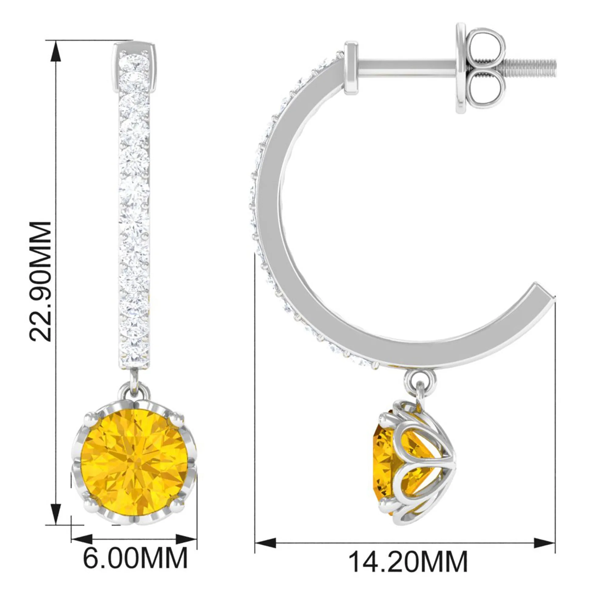 Round Lab Grown Yellow Sapphire Hoop Drop Earrings with Diamond