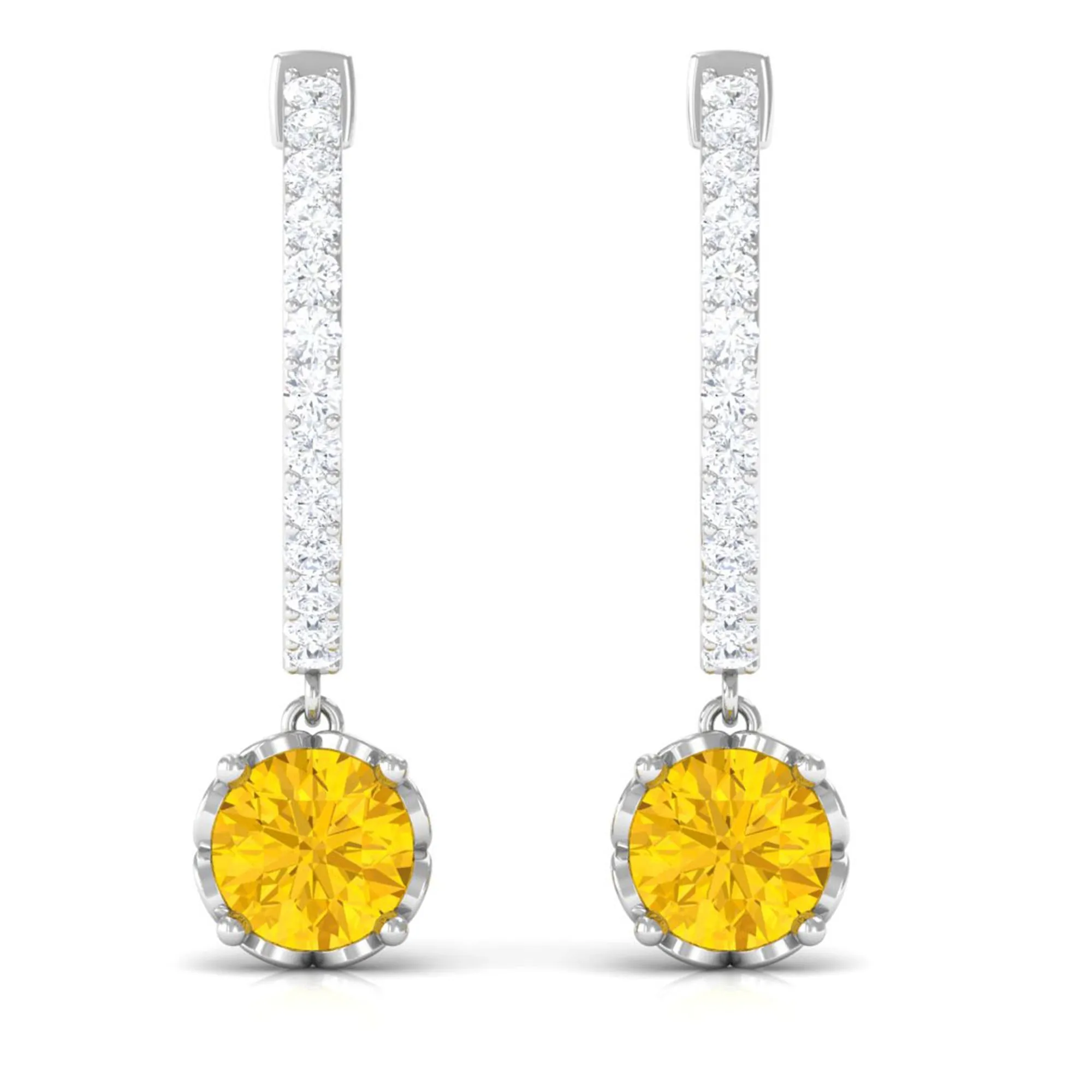 Round Lab Grown Yellow Sapphire Hoop Drop Earrings with Diamond